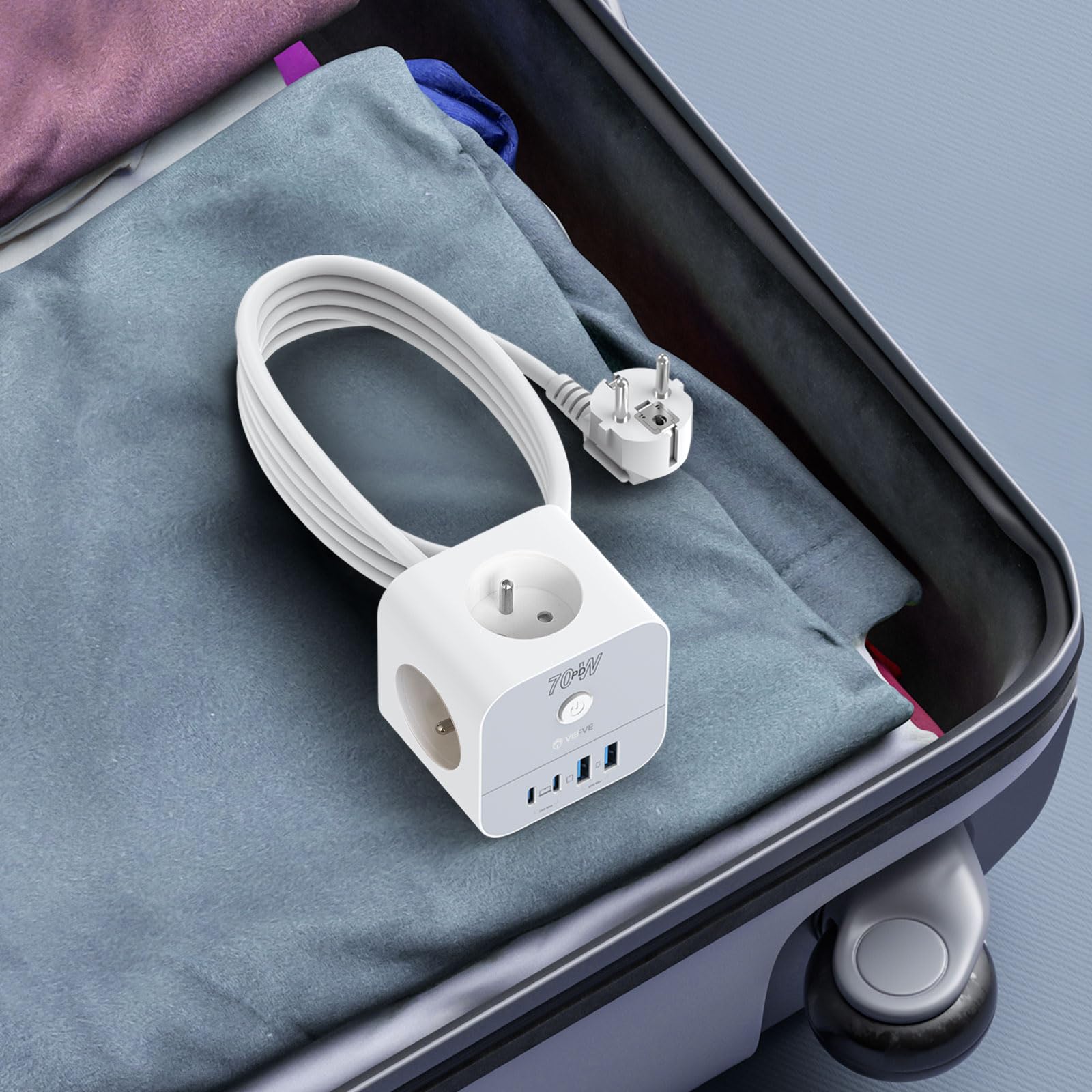 VEFVE Multiprise Cube 70W USB C GaN Blanc avec Rallonge 3m et Interrupteur