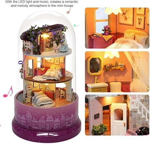 Miniatura 4 de Kit de casa de muñecas en miniatura, bonita caja de música giratoria de Navidad, kit de casa pequeña con cubierta de vidrio y luz LED para regalo de