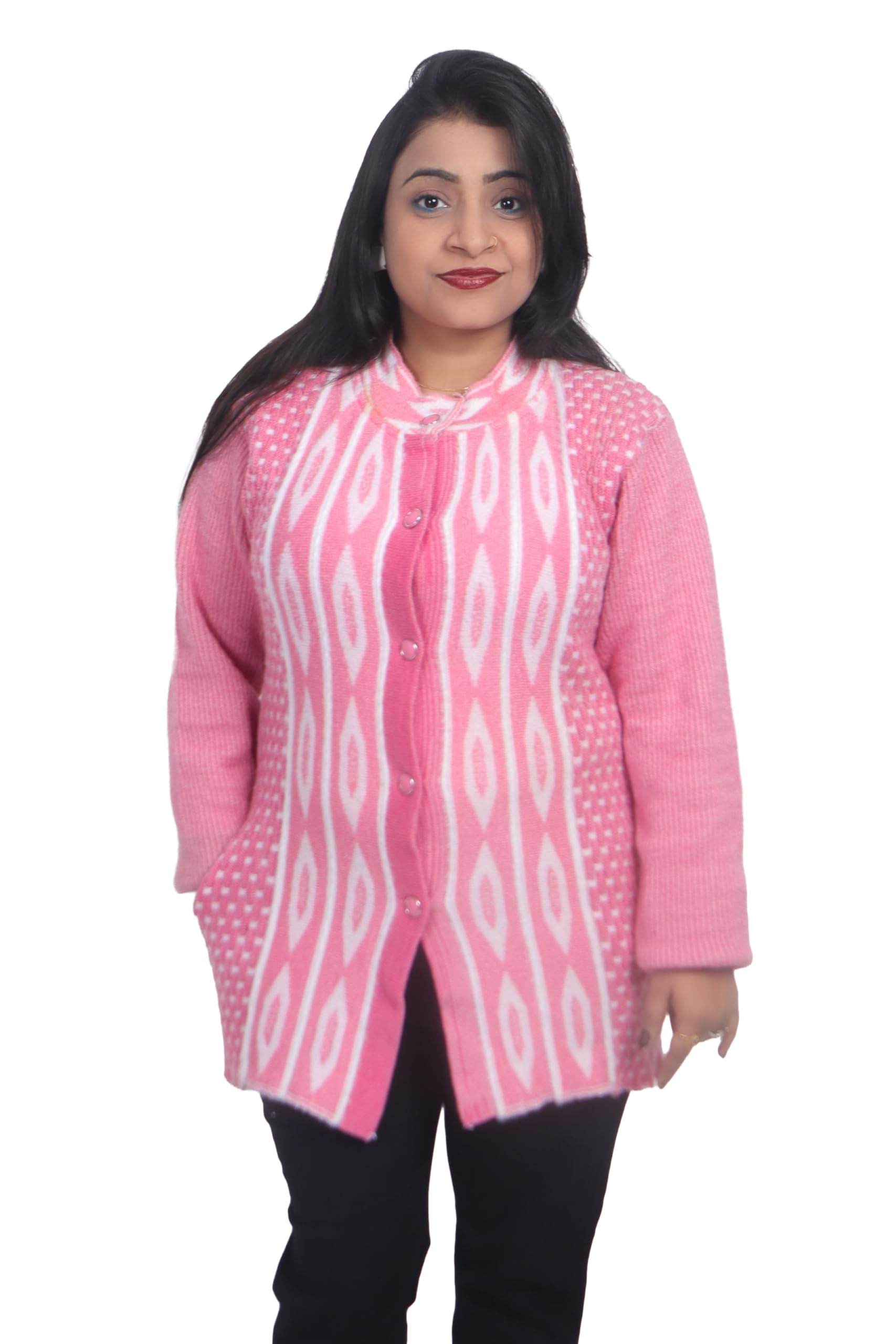 Women's Pink Knit Cardigan, Button Front, Long Sleeve, Geometric Pattern, Plus Size-image-41