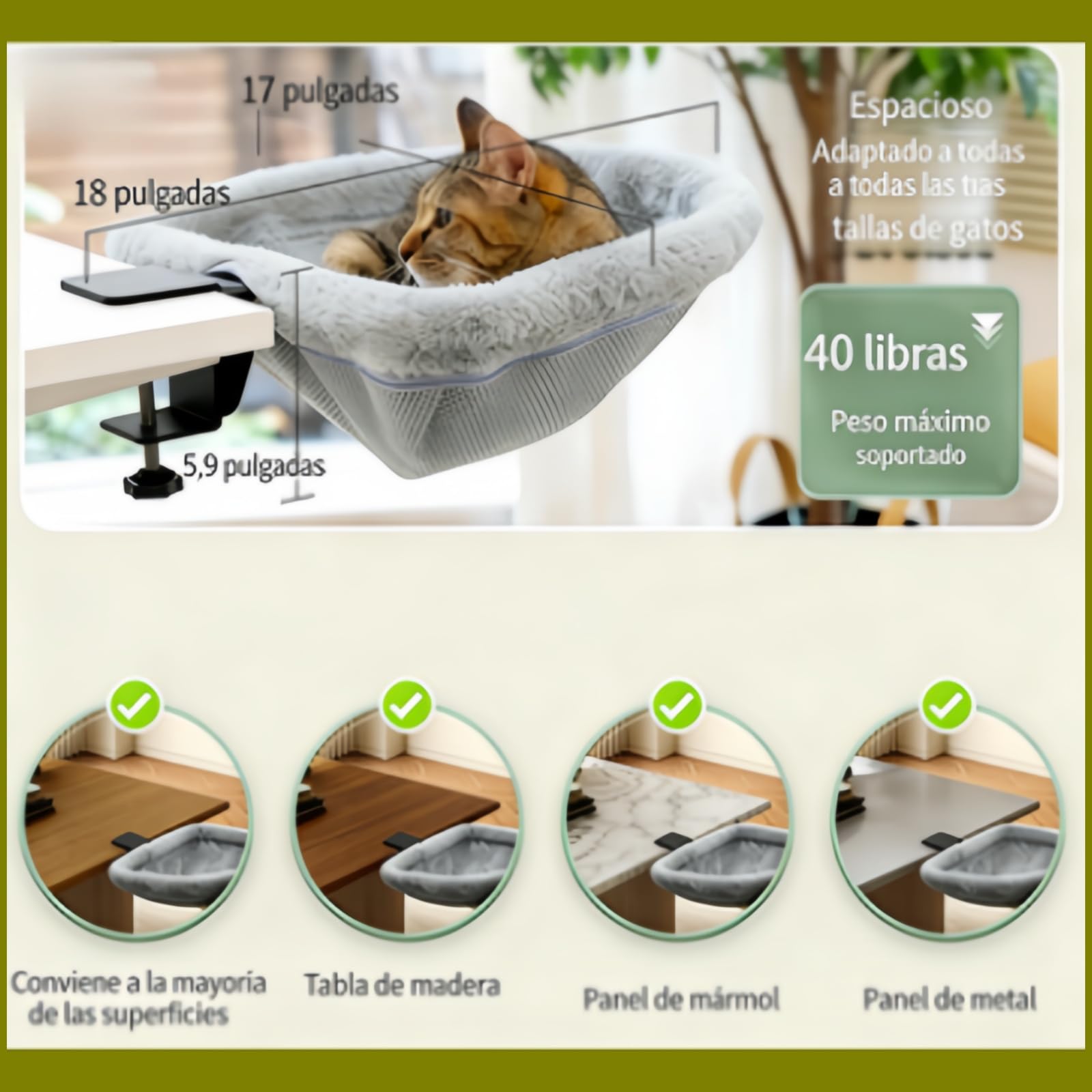 Hamaca para Gatos de Escritorio Plegable, Cama de Escritorio para Gatos con Abrazadera Estable, Fácil de Limpiar, Capacidad de Carga hasta 18 kg