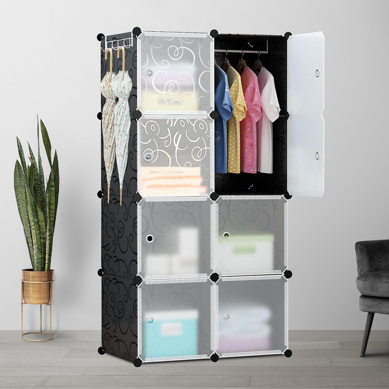 Almirah for Clothes, Plastic Wardrobe with Soft Panel, 8 Cubes Cupboard for Bedroom, Multi-Purpose Foldable Wardrobe for Kids Clothes/Toys/Books, Baby Cupboard for Storage, Black (CW-B8)-image-8