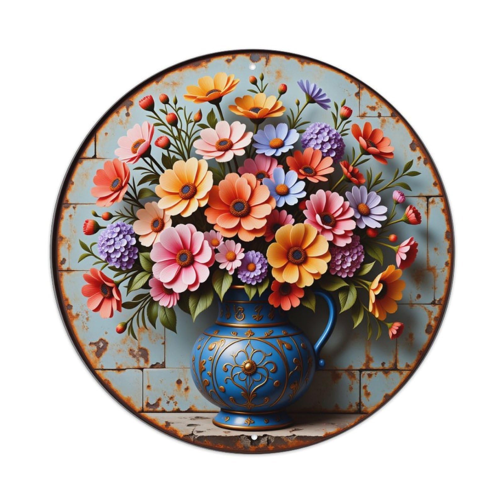 Floral Arrangement In Blue Vase Round Tin Sign Vintage Style Metal Sign Home Bar Garden Wall Plaque Decor Metal Poster 8x8 Inch