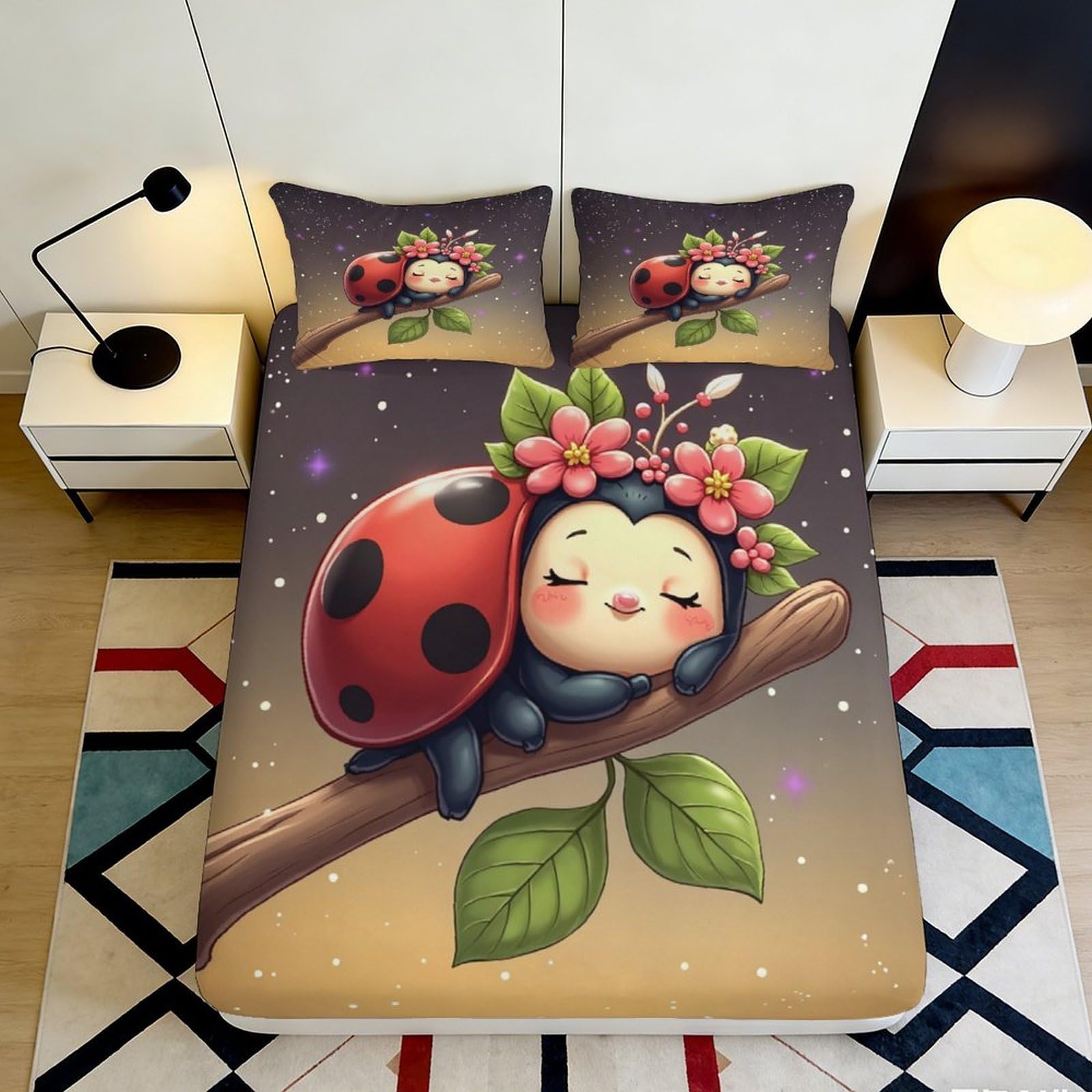 3D Printed Cartoon Ladybug Fitted Sheet Microfiber Soft Anti-Slip Floral Bed Cover for Bedroom Guestroom Decor 90x200x25cm