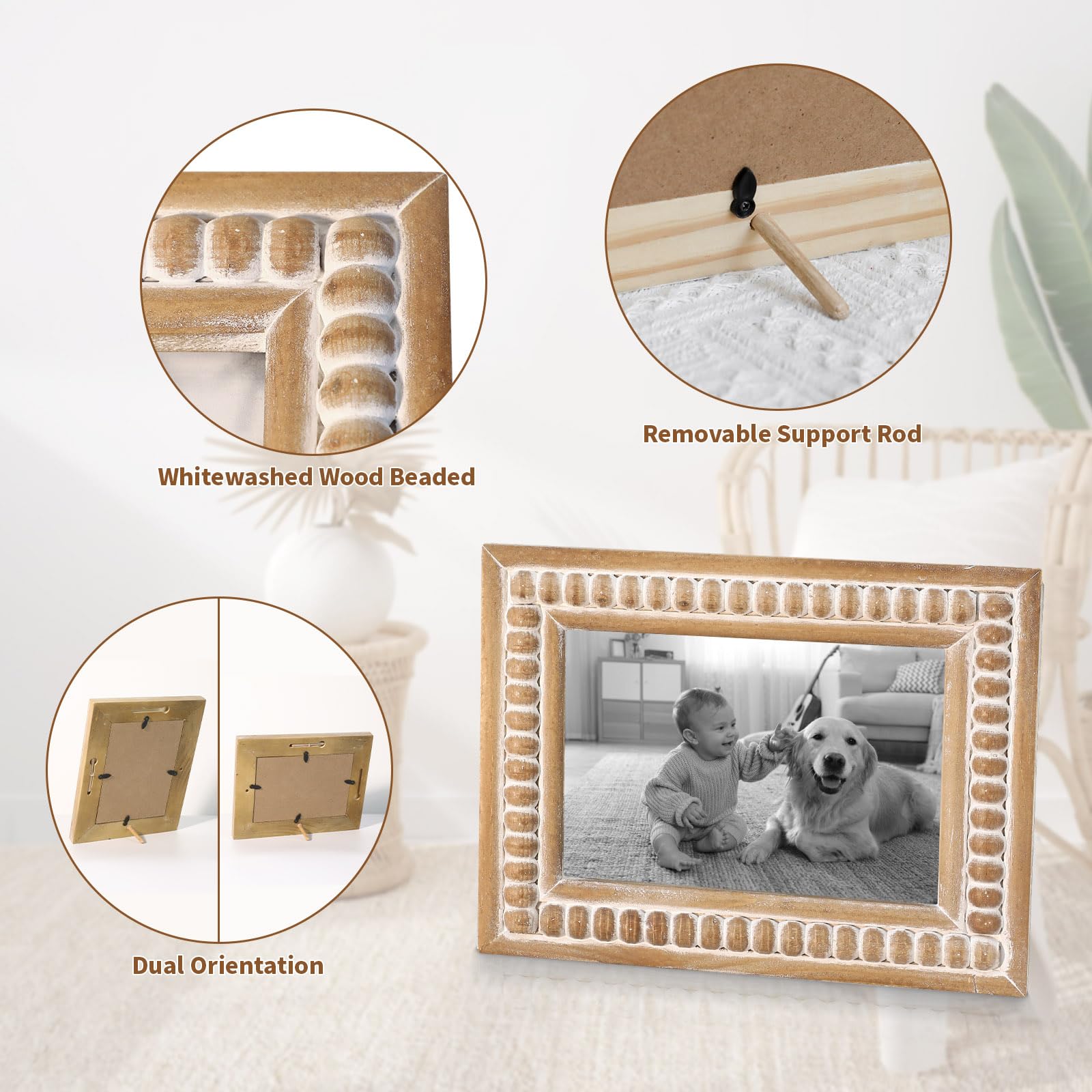 Marco de fotos rectangular grande de madera natural con cuentas decorativas, perfecto para fotos individuales de 5 x 7 pulgadas, idea de regalo de granja para familiares y amigos