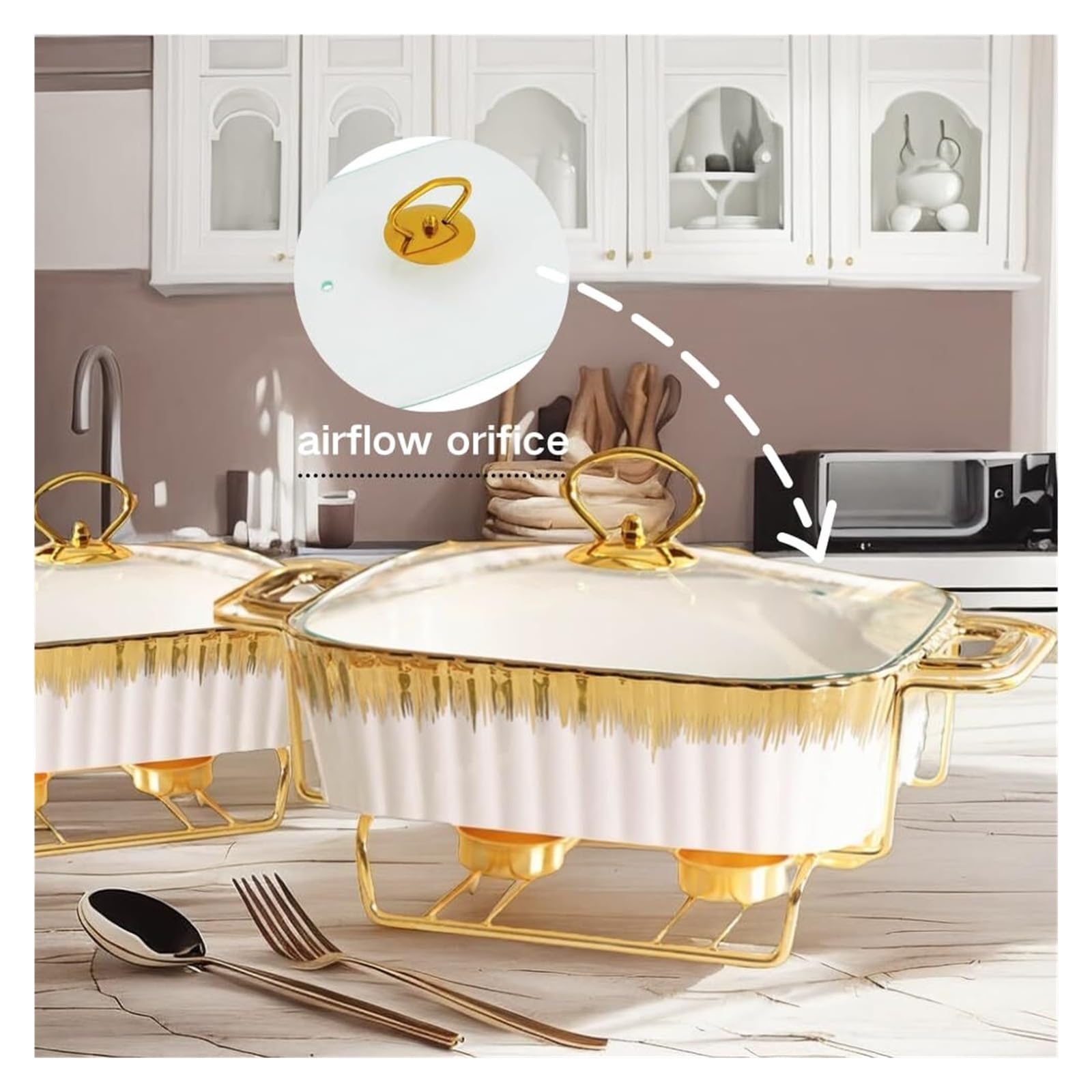 Scaldavivande in Ceramica Gold Chafer for Buffet | Pirofila rettangolare in ceramica piatto da portata con manici(L)