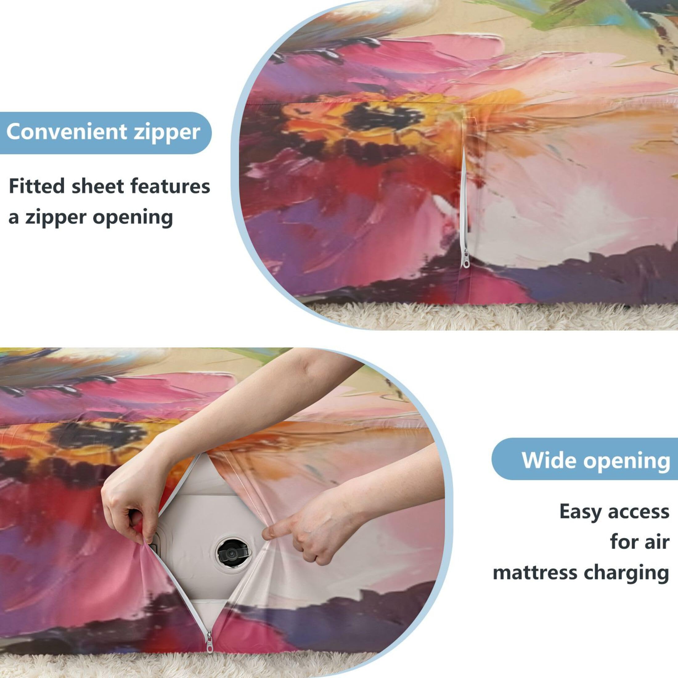 Colorful Birds - Sábana bajera ajustable individual para colchón de aire, bolsillo extra profundo de 24 pulgadas, funda suave y transpirable con apertura de válvula de cremallera para cama de