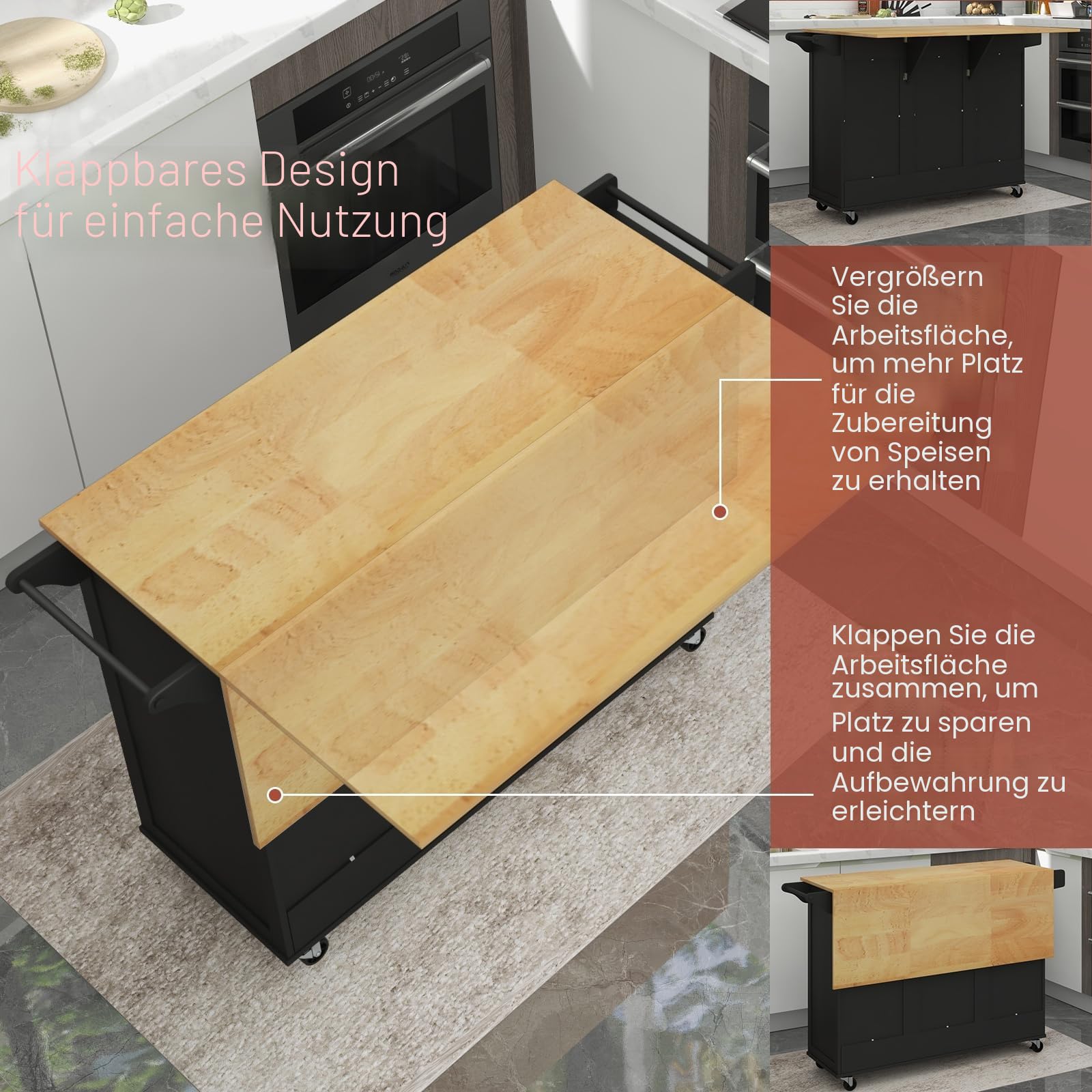 KOMFOTTEU Mobile Kücheninsel mit Arbeitsplatte, Küchenwagen mit Schublade, Flaschenhalter und 2 Türschränken, Servierwagen auf Rollen, Kücheninselwagen Holz 130x45x90 cm (schwarz)