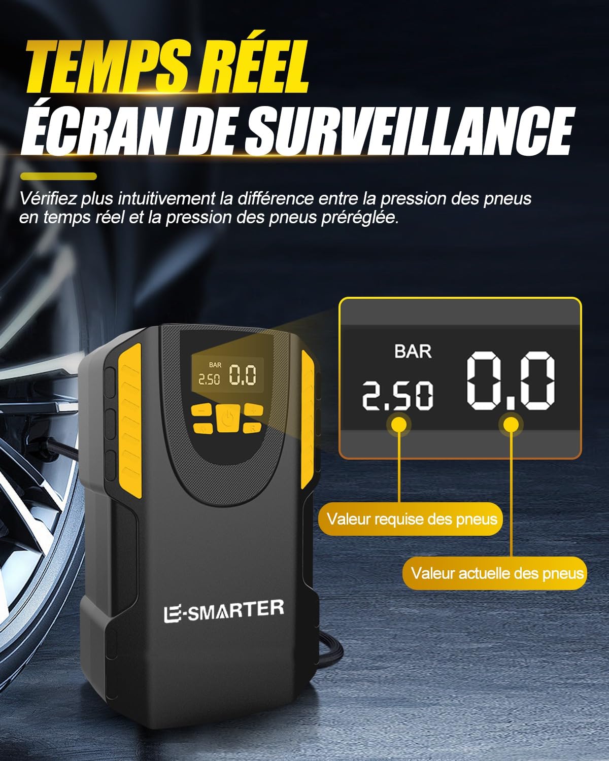 E-SMARTER Gonfleur Roues Voiture Portable Gonflage Rapide Compresseur D'air Voiture 12V avec Ventilateur Intégré Cylindre 22mm 150PSI Compresseur D'air pour Voiture pour Balle, Vélo