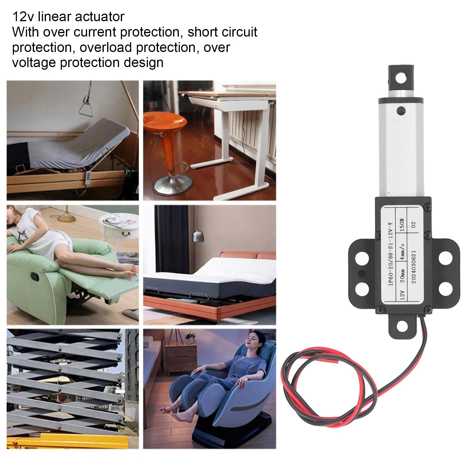 Mini Actuador Lineal Eléctrico de 12 V, de 20 Mm, Empuje de 150 N, Tubo de Aluminio y Conector de Montaje de ABS, Ideal para Banco de Trabajo de Elevación de Automatización del