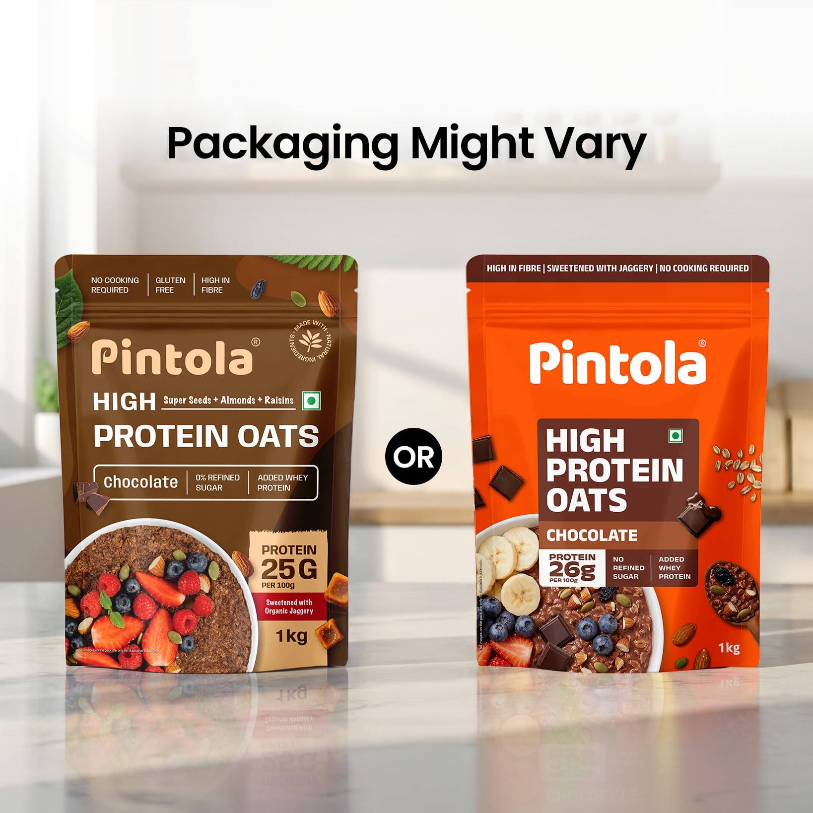 PINTOLA 26g High Protein Oats 1kg, Dark Chocolate, No Refined Sugar, with Almonds, Raisins, Pumpkin & Chia Seeds, 9.6g Fibre, Rolled Oats for Weight Loss, Breakfast Cereals | Gluten Free 1