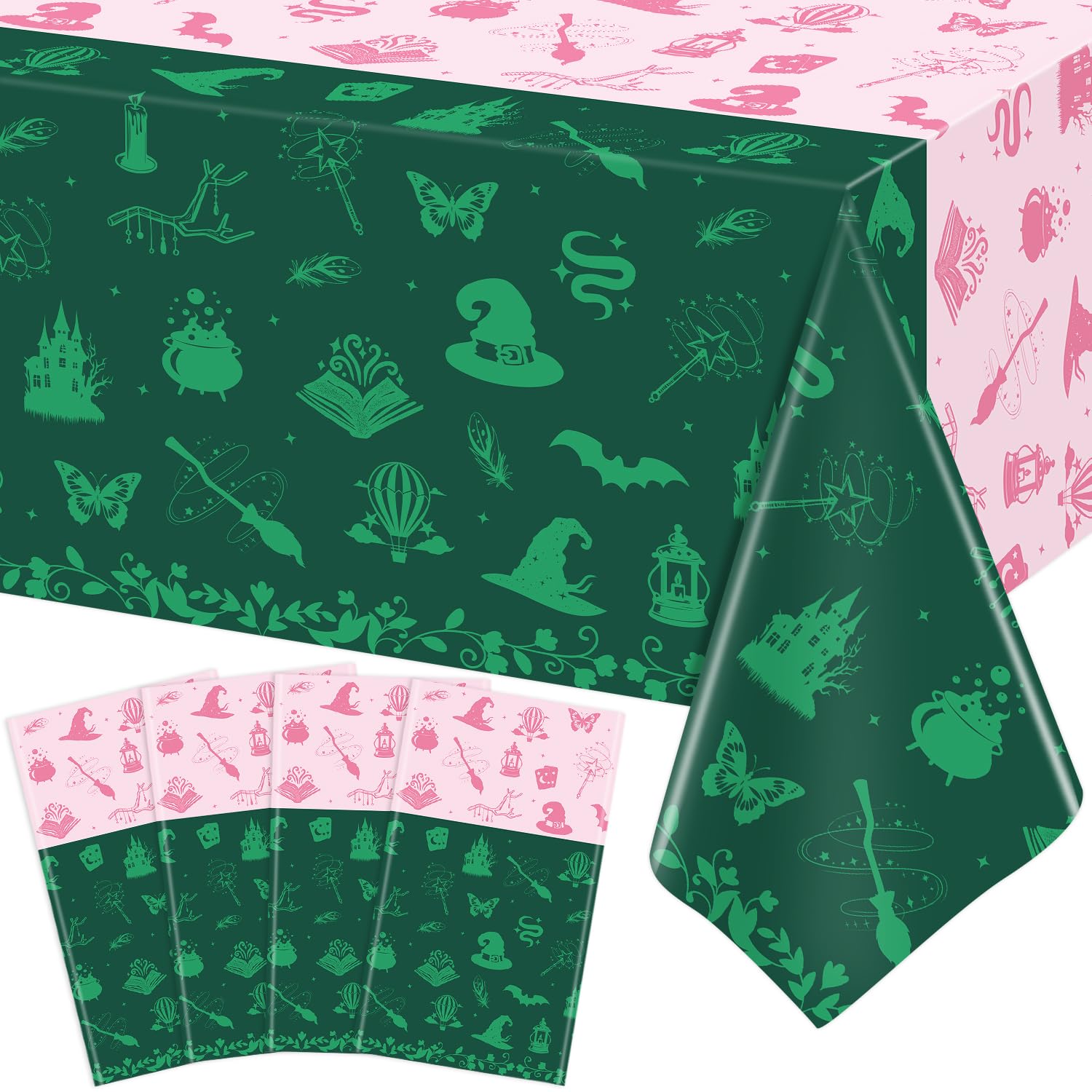 TYXIVO 4 Pcs Witch Party Tablecloth Witch Birthday Party Decorations Tablecover Rectangle 51x86inch Plastic Magical Table Decors Cloth for Kids Baby Shower Magic Party Supplies