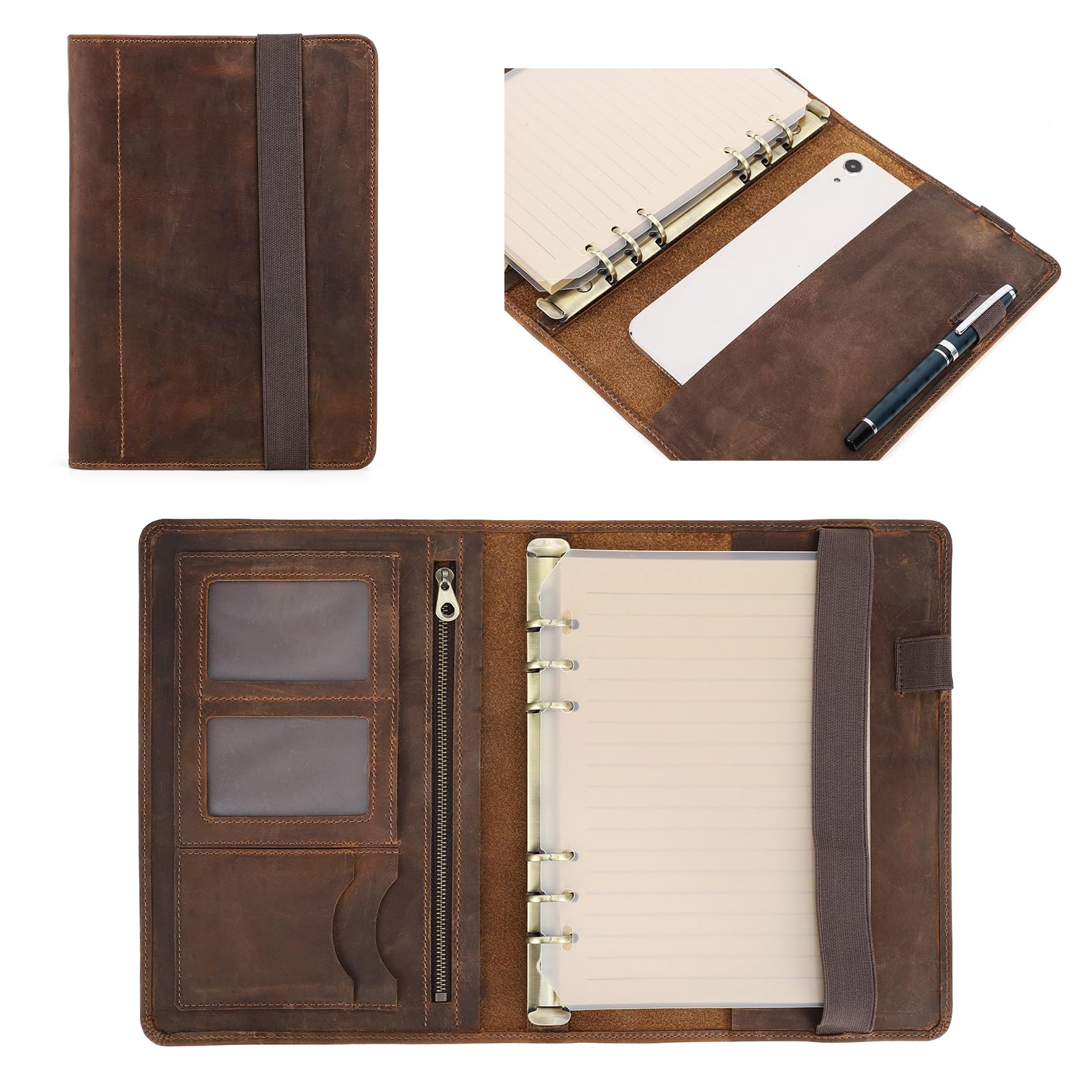 Raccoglitore in pelle per curriculum legale, per uomini e donne. Raccoglitore in pelle con raccoglitore a 6 anelli, formato A5, porta iPad mini, tasca con cerniera, scomparti per carte di credito