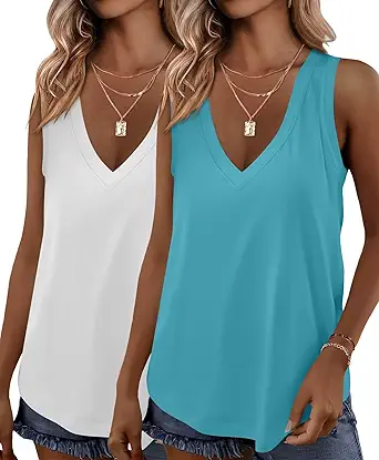 KKJ 2 Pack Womens Tank Tops Workout V Neck Tees Summer Sleeveless Loose Fit Casual Outfits Shirts Fall Fashion Clothes