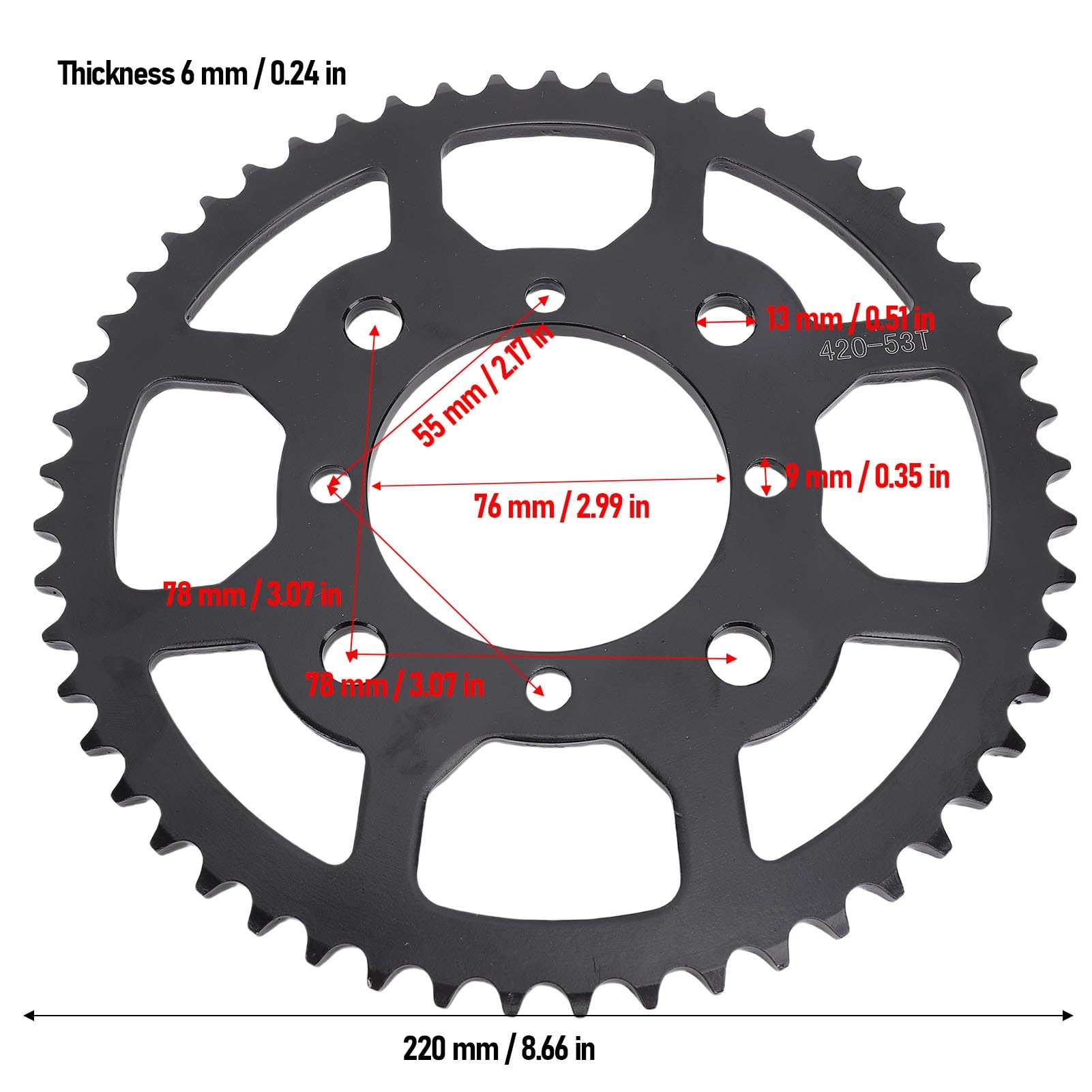Pignone 420 53T, rapporto di trasmissione efficiente per catena posteriore, pignone per bici guida per pit bike 50 a 160 ml