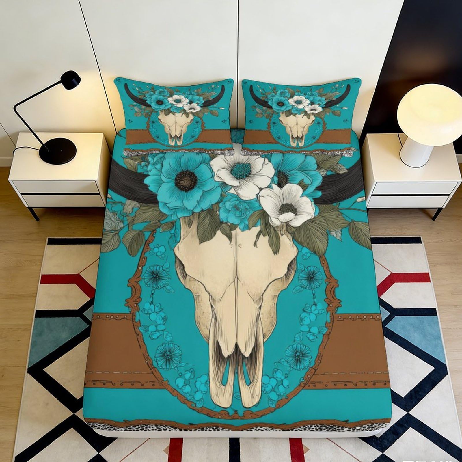 3D Printed Boho Cow Skull Fitted Sheet Microfiber Floral Western Turquoise Bed Cover for Bedroom Guest Room Decor 90x200x25cm