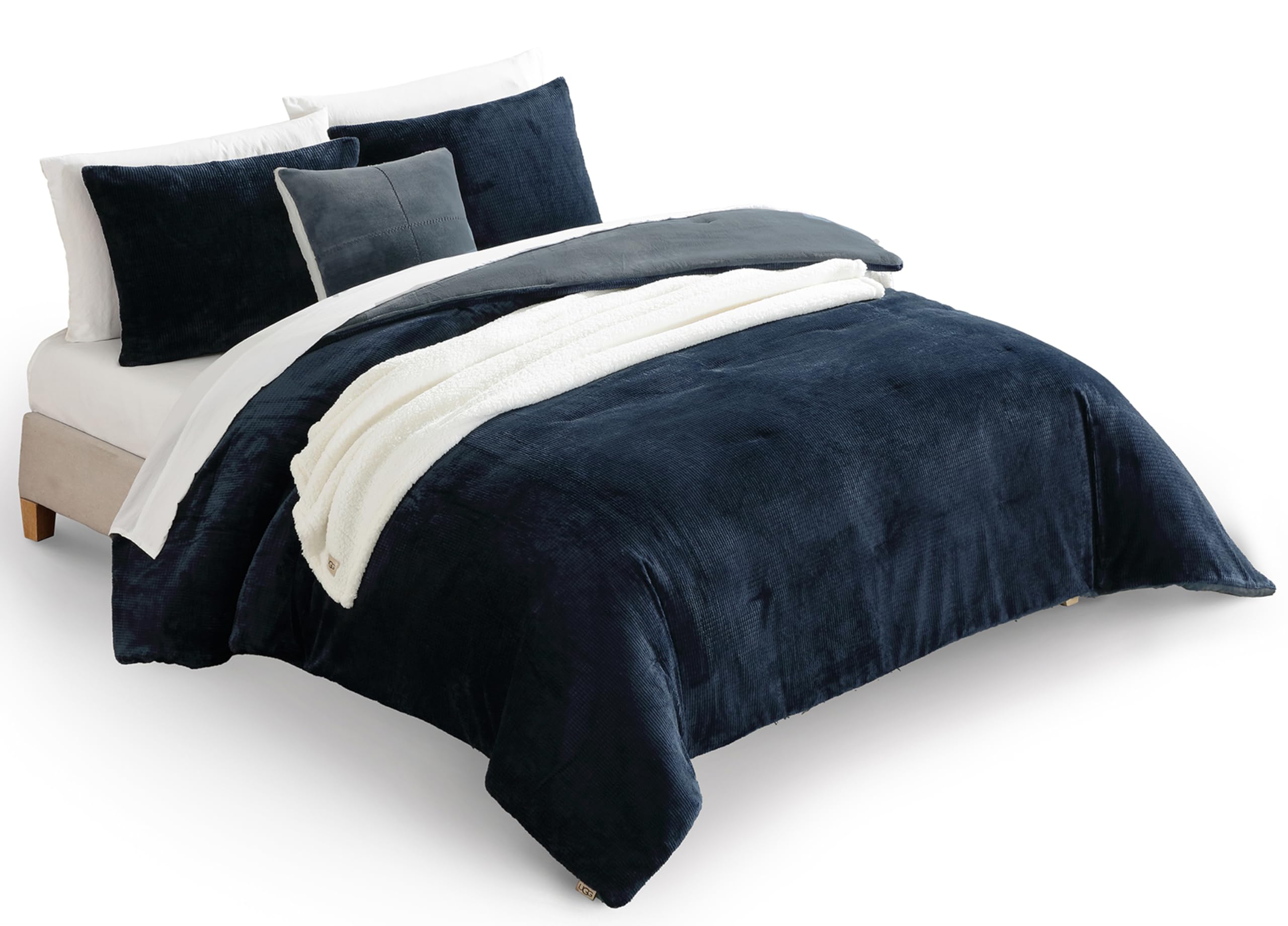 UGG x Full/Queen Comforter Set 5 Piece Bed in a Bag with Throw Blanket, Decorative Pillow, Shams, Reversible Hypoallergenic Washable Luxury Warm Fluffy Bedding Set, Navy Blue (Remina)