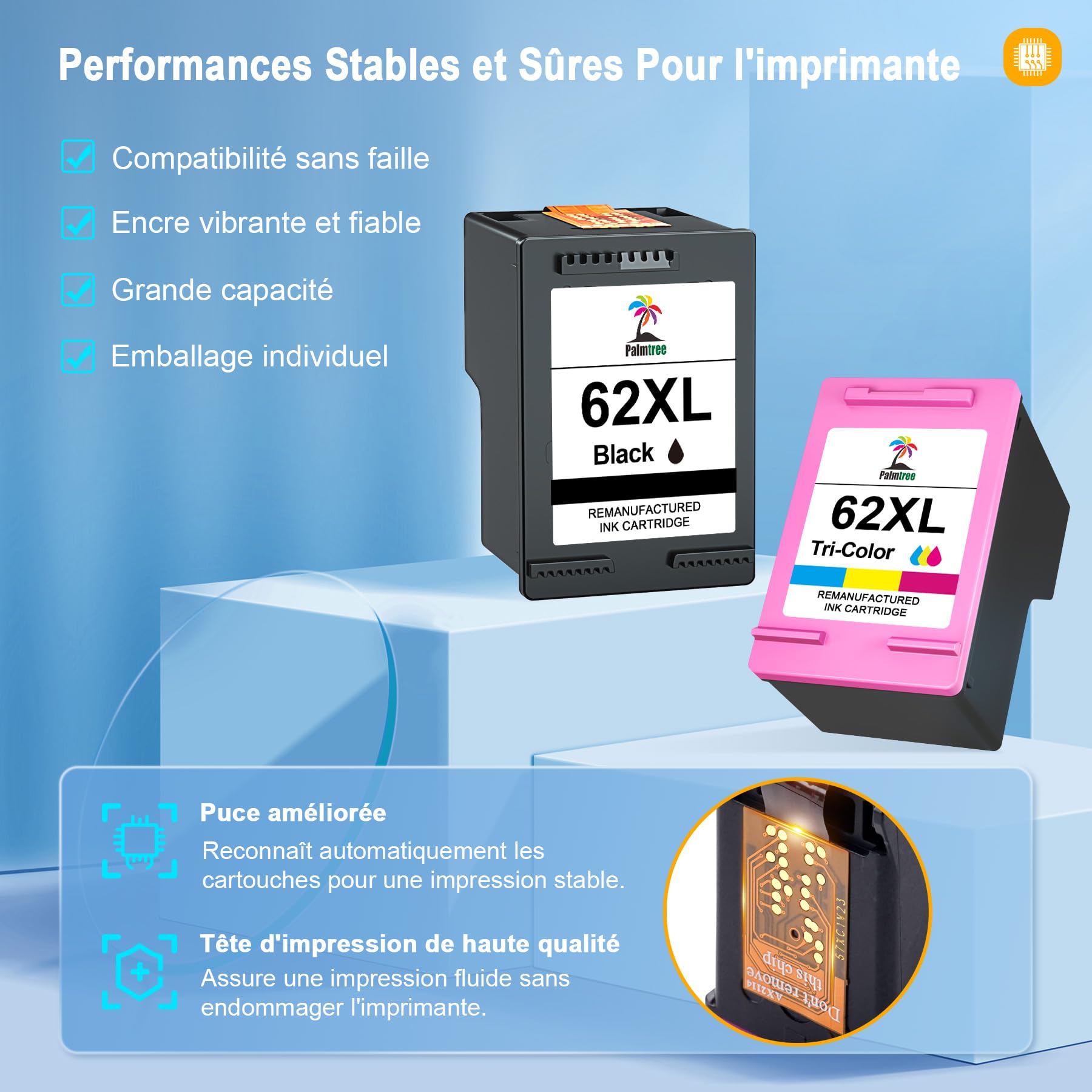 Palmtree 62XL Cartouche d'encre Remanufacturé Cartouche HP 62 Noir et Couleur pour HP OfficeJet 200 250 5740 5742 Envy 5640 5547 5644 5642 7640 5540
