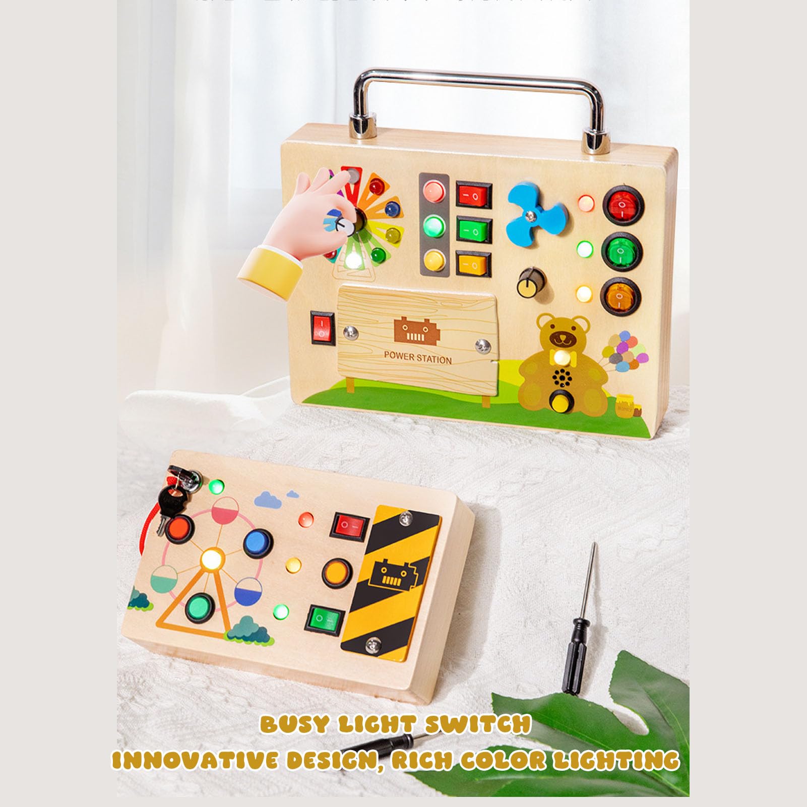 Tavola Sensoriale in Legno, Giocattolo di attività Educative con Luce LED, Sviluppo della Coordinazione Occhio-mano, Interruttori Tattili per abilità Motorie Fini