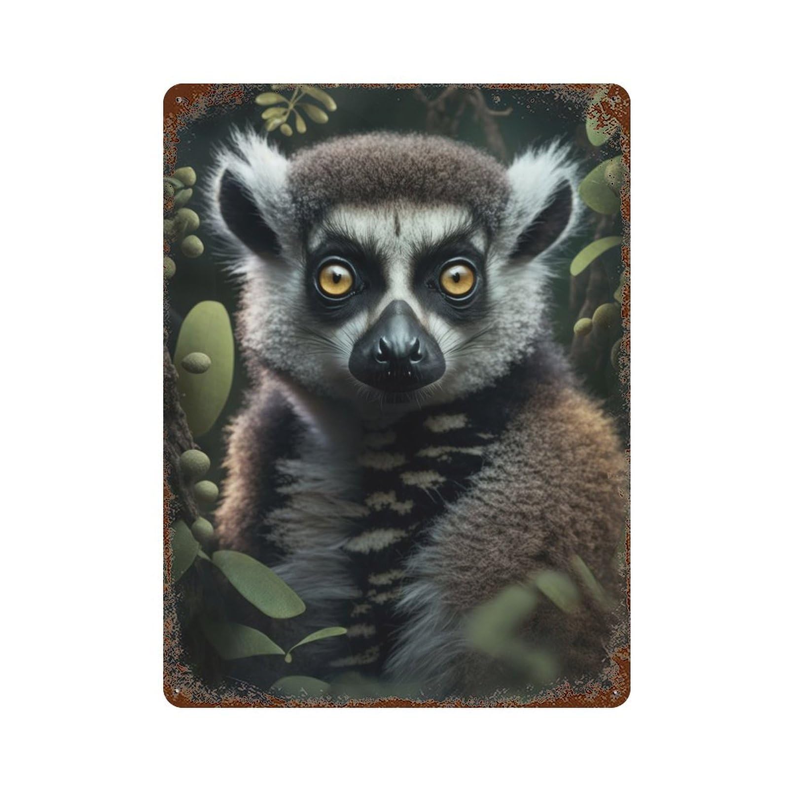 Weathered Tin Sign with Lemur Design 15.7"x11.8", for Garage, Bar And Workshop Decor, Decorative Metal Wall Art