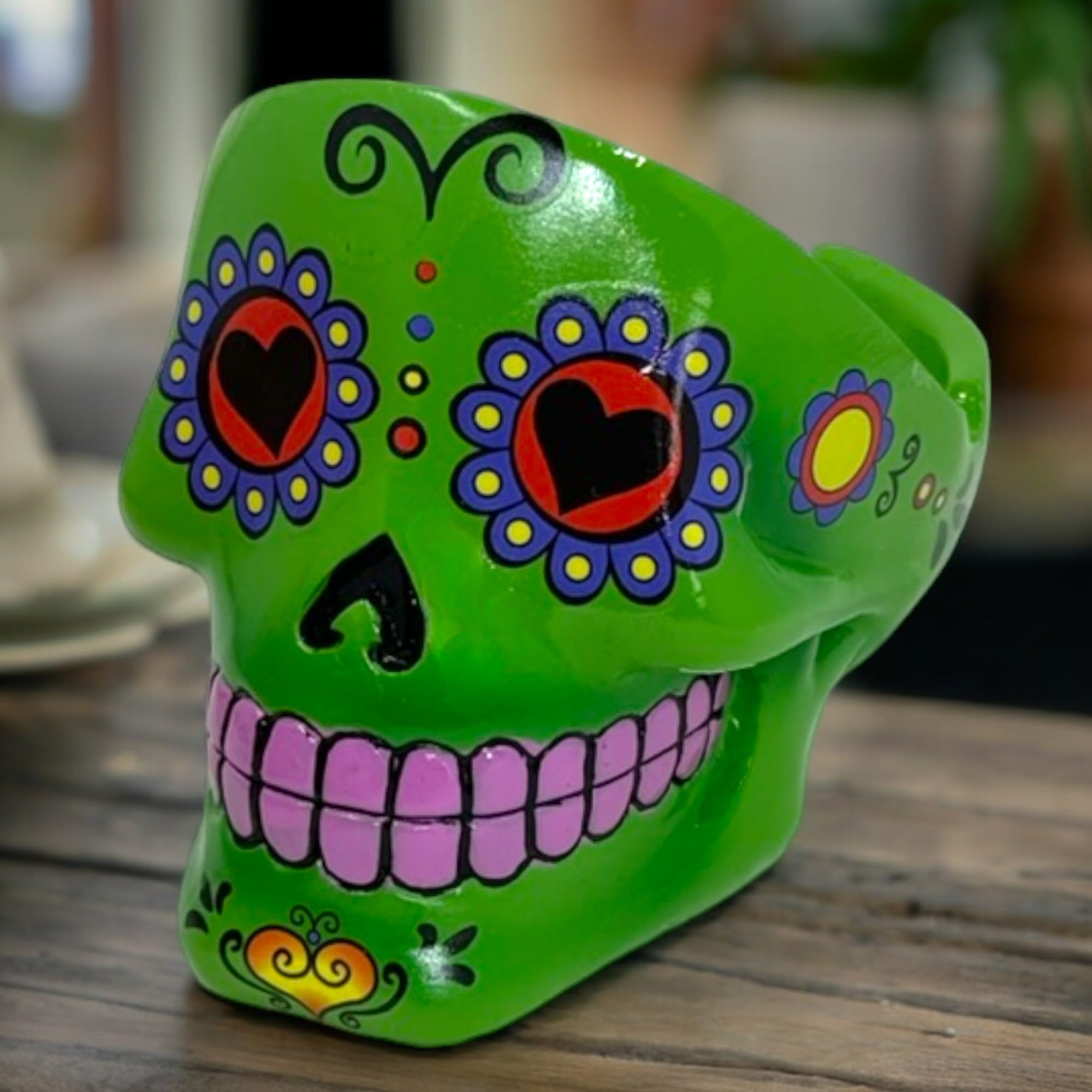 MIJOMA Popielniczka Sugar Skull – dekoracyjna popielniczka z czaszką w meksykańskim stylu Calaveras – ręcznie malowana, dekoracyjna pamiątka z żywicy poliestrowej – fajny prezent dla palaczy (zielona)