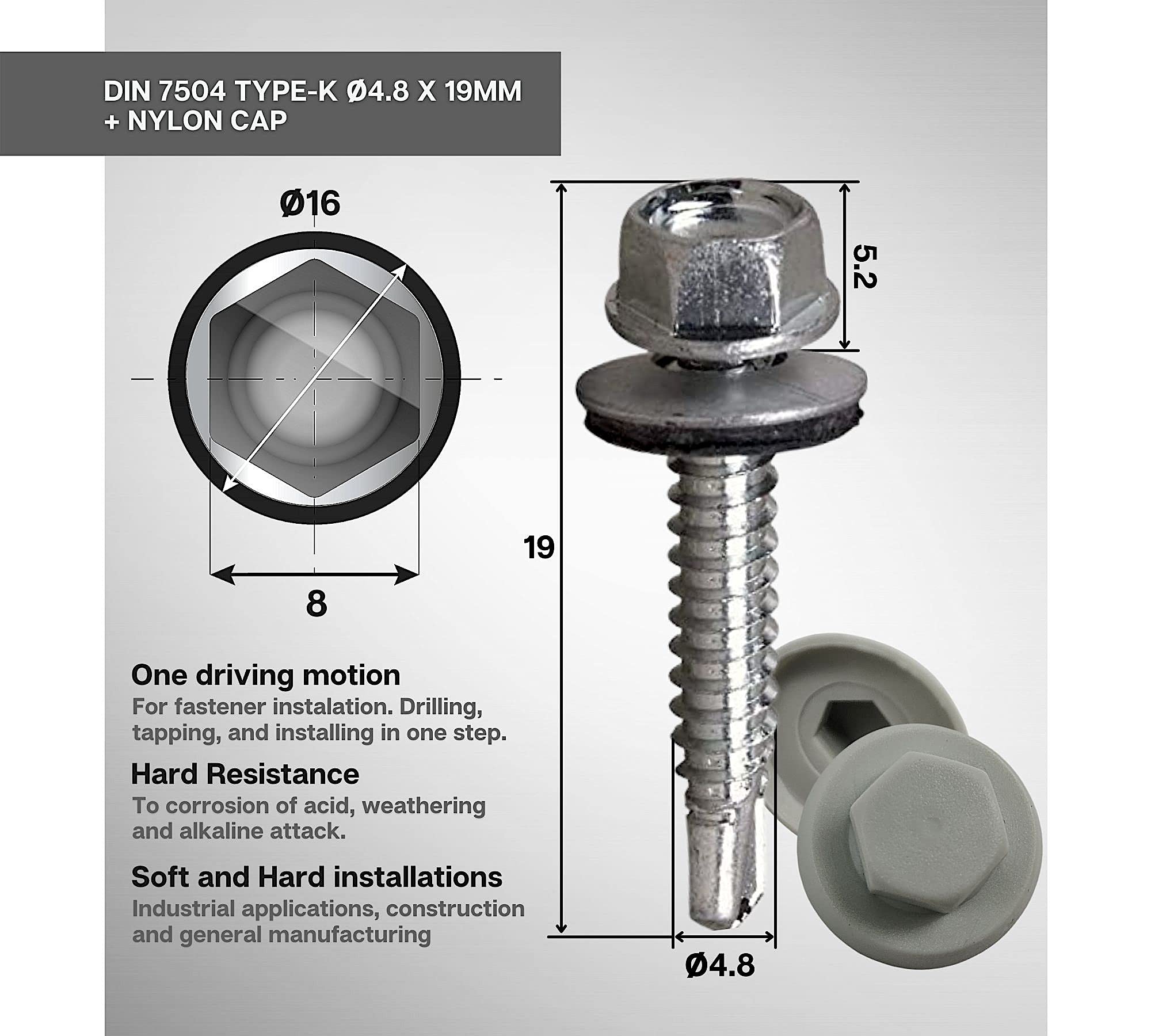 DOJA Industrial Tornillos Autotaladrantes 5,5x50mm Sin Arandela - Pack 100 + Llave Vaso M8 Torx Para Chapa Tejado, Placa Y Metal
