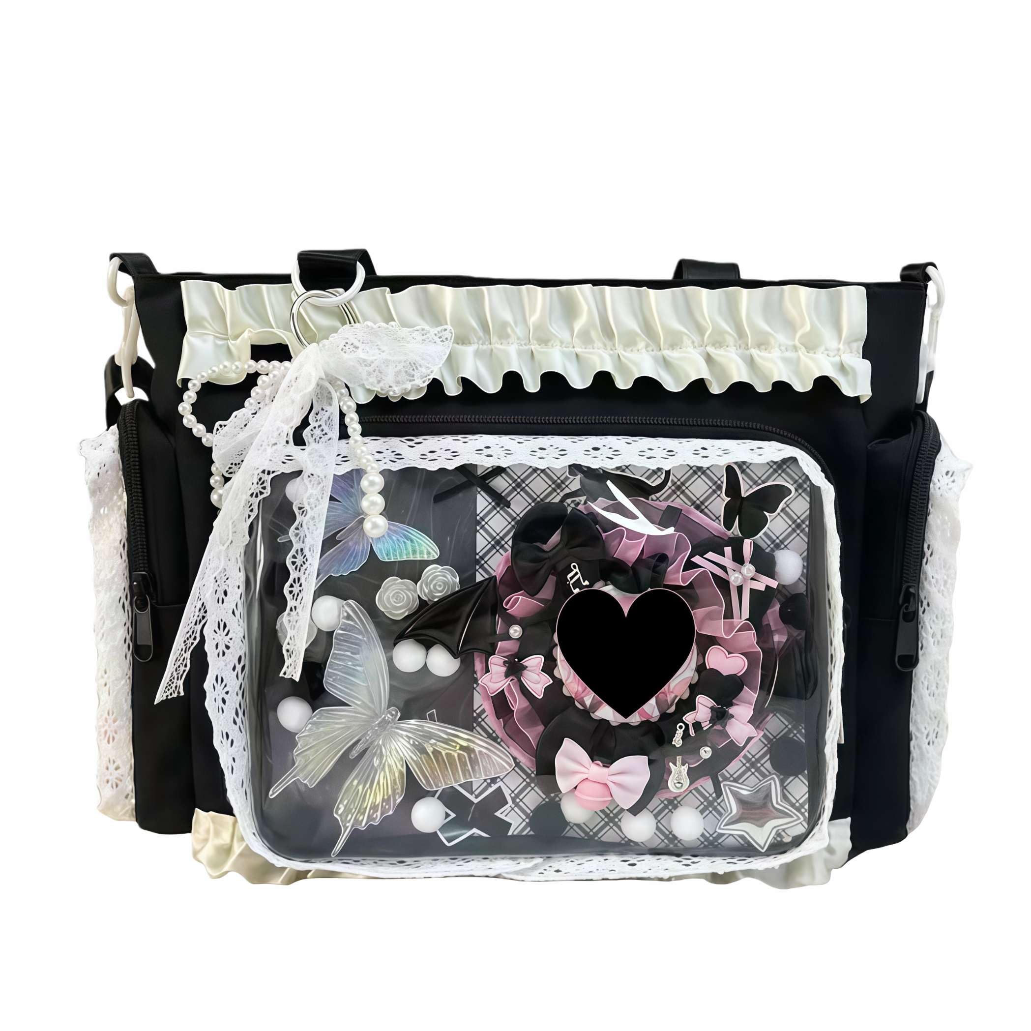 Ita Crossbody Bag with Clear Display Window – Kawaii Japanese Anime Style Tote Bag, Cute Sweet Lace Ruffle Trim Transparent Pin Display Handbag for Daily School Cosplay (Black)