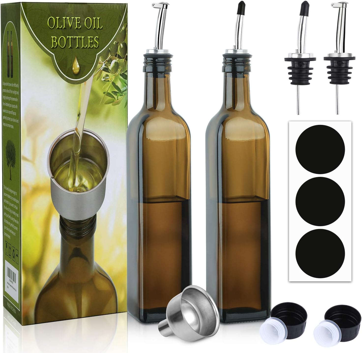 [2 PACK]Aozita 17 oz Glass Olive Oil Dispenser Bottle Set - 500ml Clear Oil & Vinegar Cruet Bottle with Pourers, Funnel and Labels - Olive Oil Carafe Decanter for Kitchen: Home Improvement