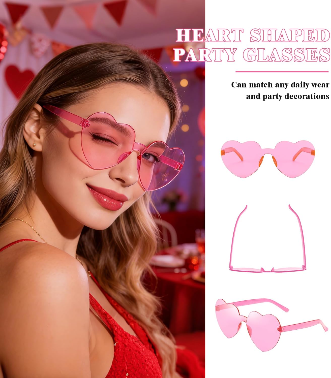 Matcheck 48 Pack Heart Rimless Sunglasses Frameless Colored Party Glasses Transparent Fun Eyewear for Adult - Image 3