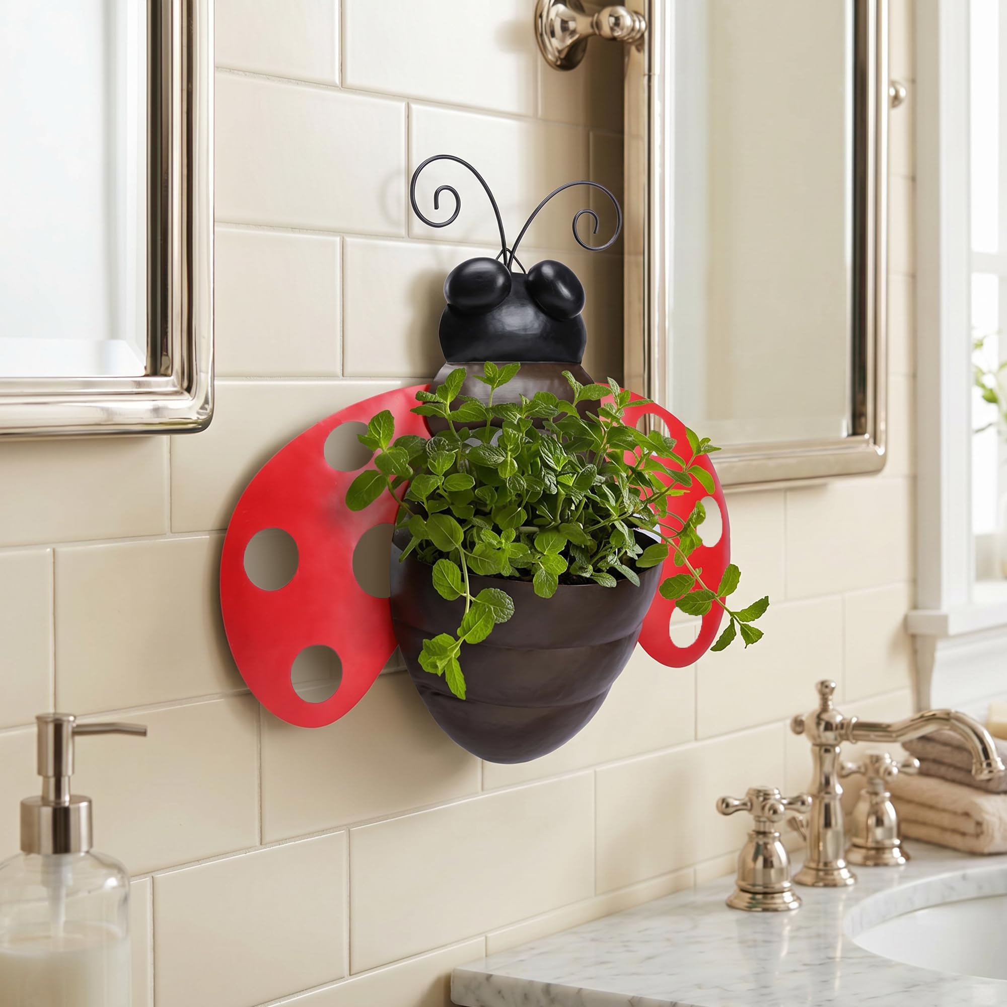 Macetero de pared de metal con diseño de mariquita, maceta colgante para suculentas con drenaje