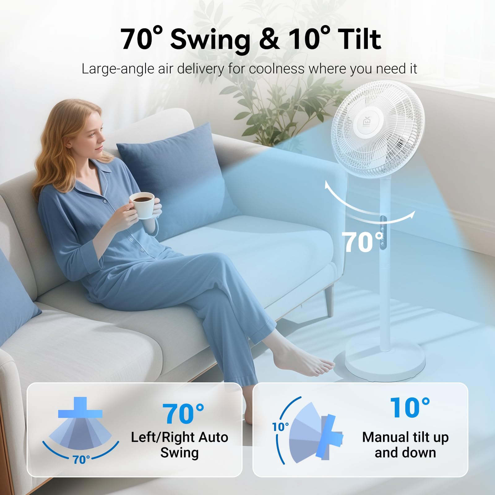 EXTRASTAR 12 Zoll Standventilator mit Fernbedienung – 6 Windstufen, 9h Timer, 70° automatische Schwenkung & 10° manuelle Neigung, 50W Bodenventilator für Wohnzimmer, Schlafzimmer & Homeoffice