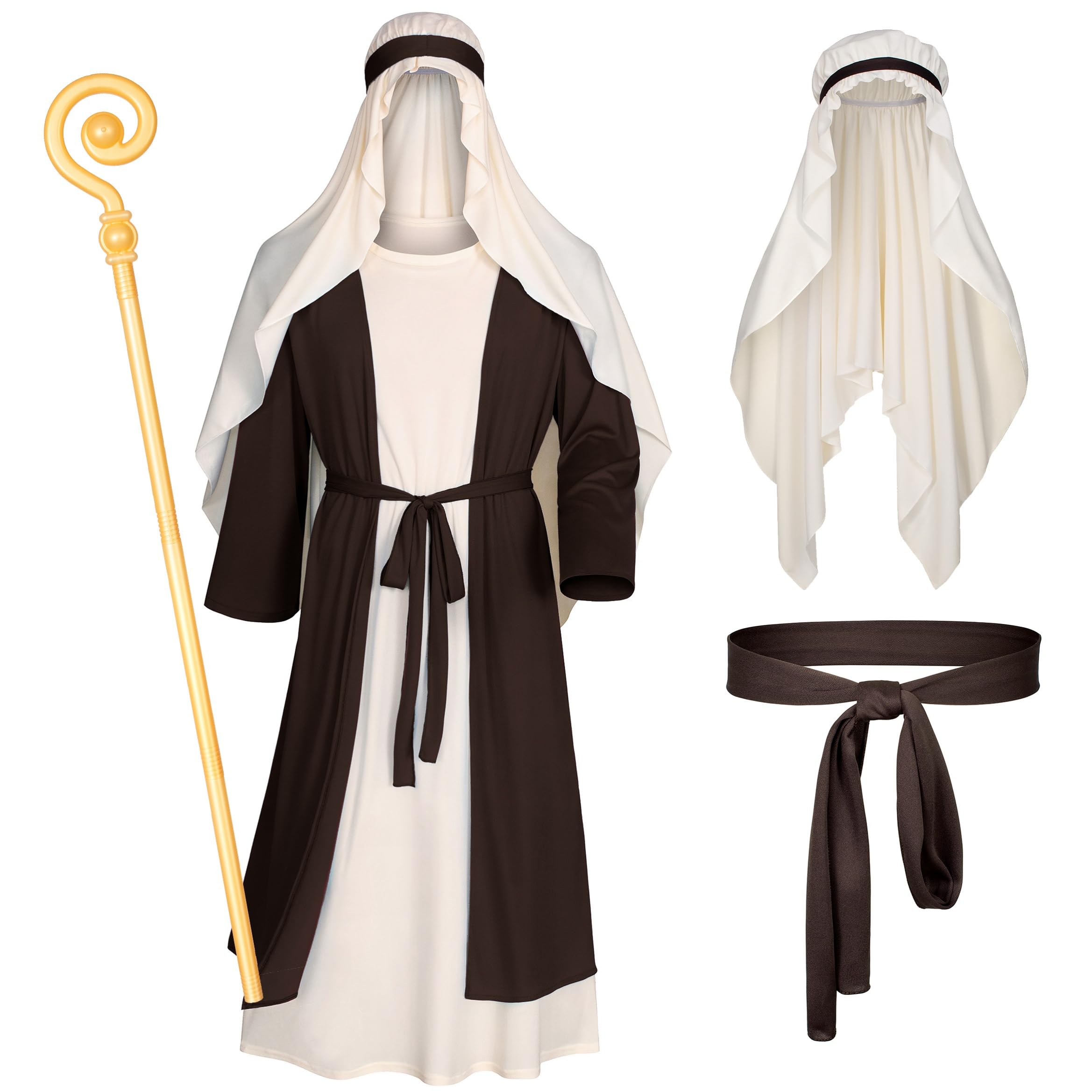 - Mens Biblical Saint Joseph Costume Jesus Robe Sherherd Costume Staffs Headwrap Hat Waist Rope Set