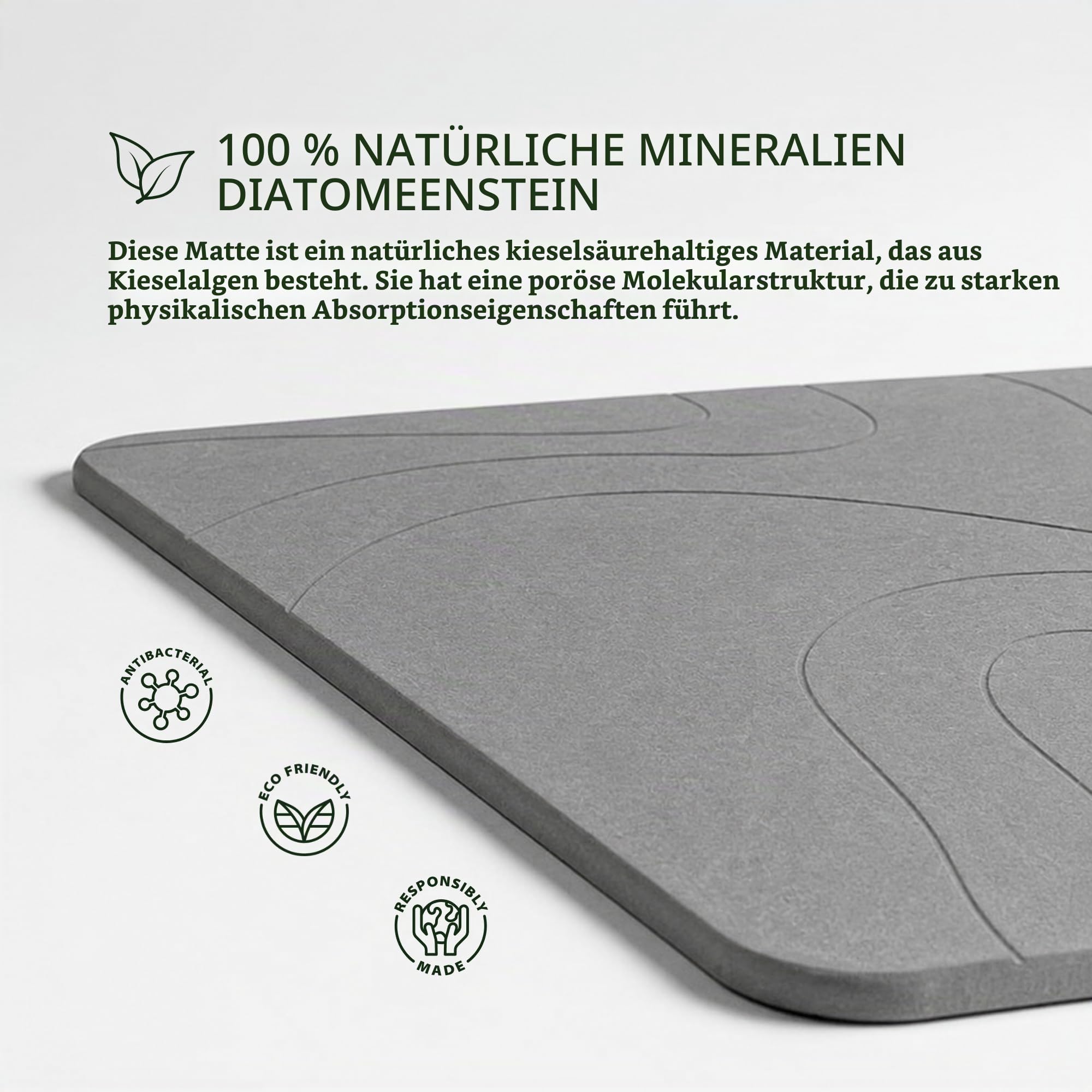 ALIGMA Diatomit Badematte 45x75cm rutschfest Schnelltrocknend Badteppich | Badvorleger, Duschvorleger, Badezimmerteppich & Steinteppich aus Kieselgur, saugfähig, waschbar, für Bad, Küche & Dusche