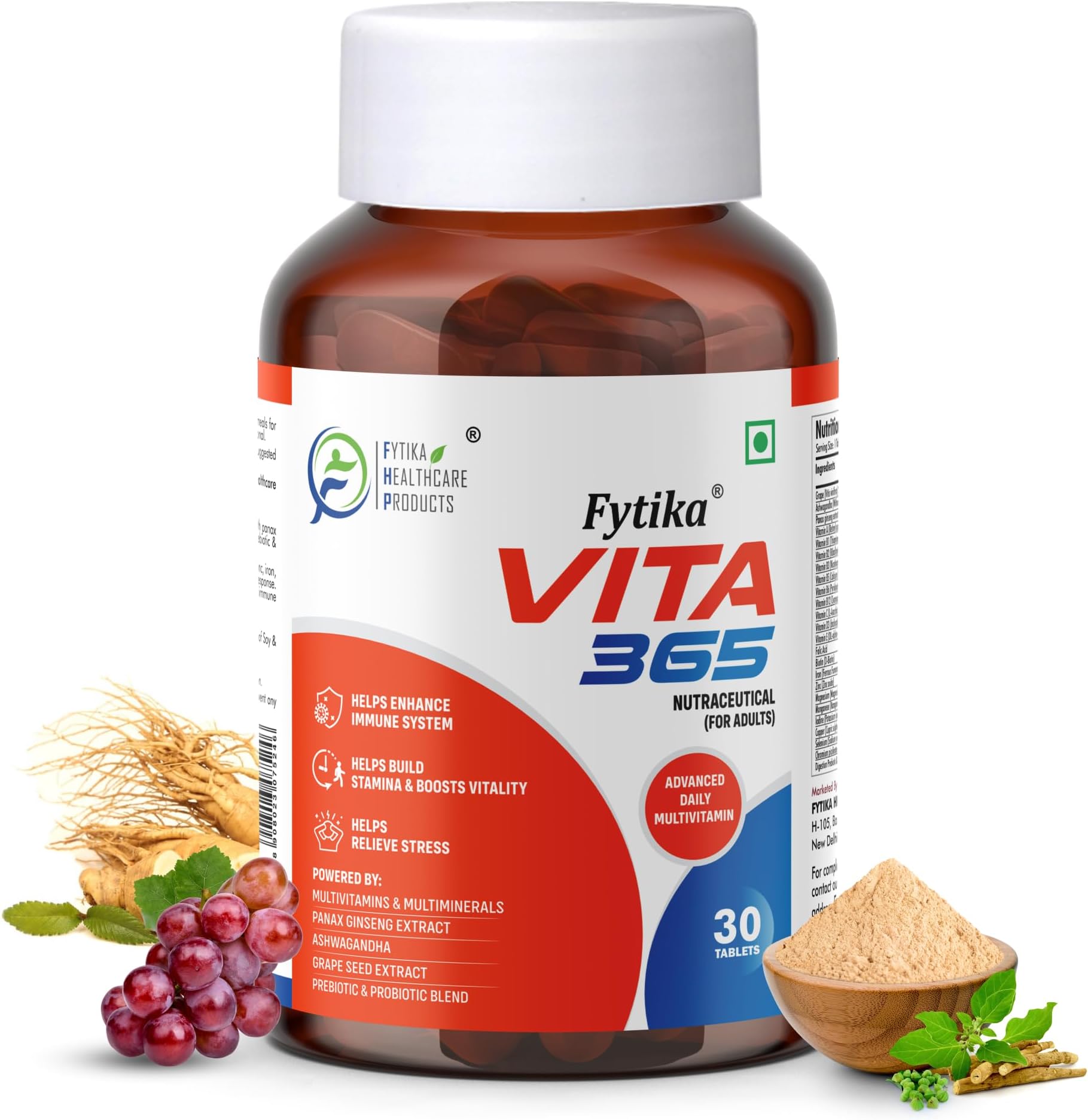 - Fytika Vita 365-30 tablets (Pack of 1) | Multivitamin For Men and Women | With Ashwagandha, Ginseng, Probiotics & Prebiotics and Biotin| Enhances Energy, Immunity and Digestion