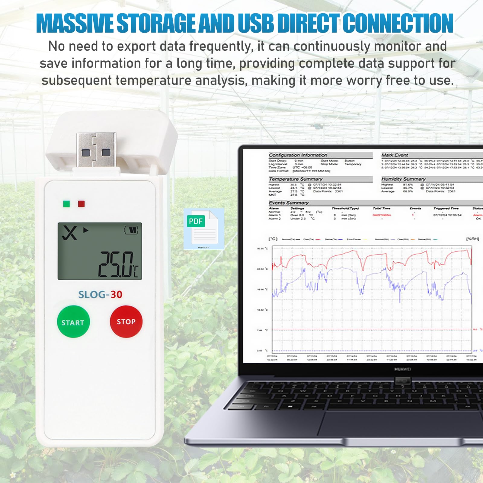 Registratore di temperatura USB digitale 65000 punti, logger con grande schermo LCD e rapporti PDF