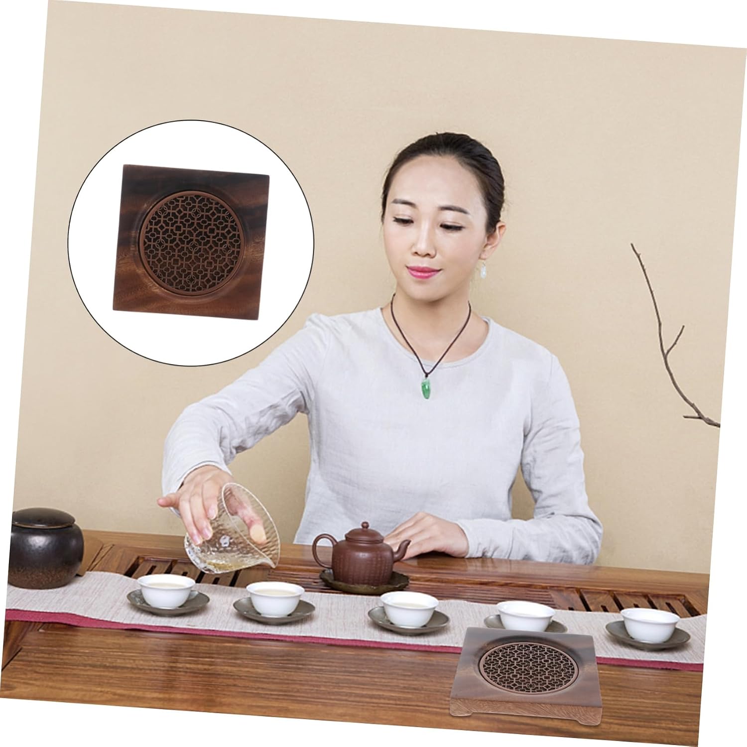 Wooden Teapot Holder Tea Coaster with Copper Accent for Home