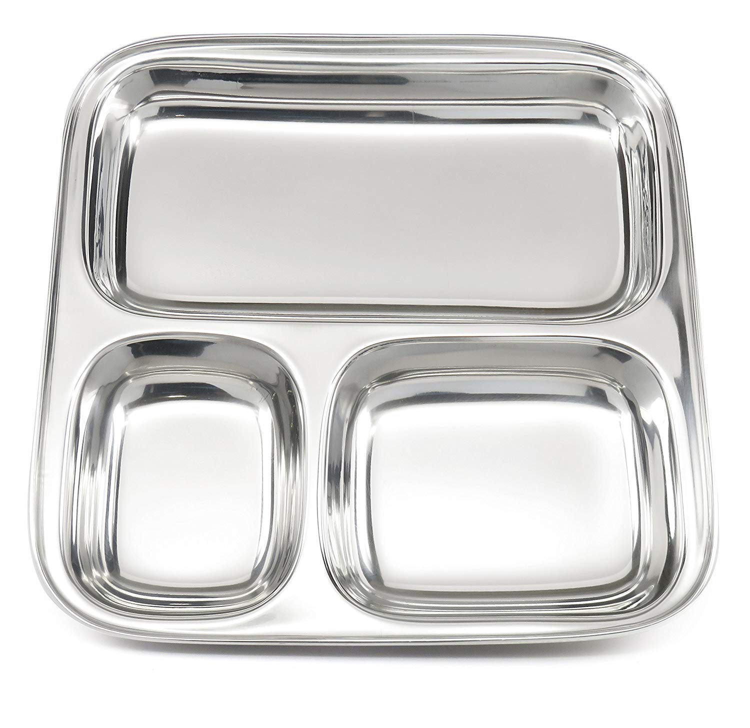Assiette carrée à 3 compartiments en acier inoxydable, Thali, plateau à assiettes et assiettes à dîner, ensemble de 4 assiettes - 25 cm chacune