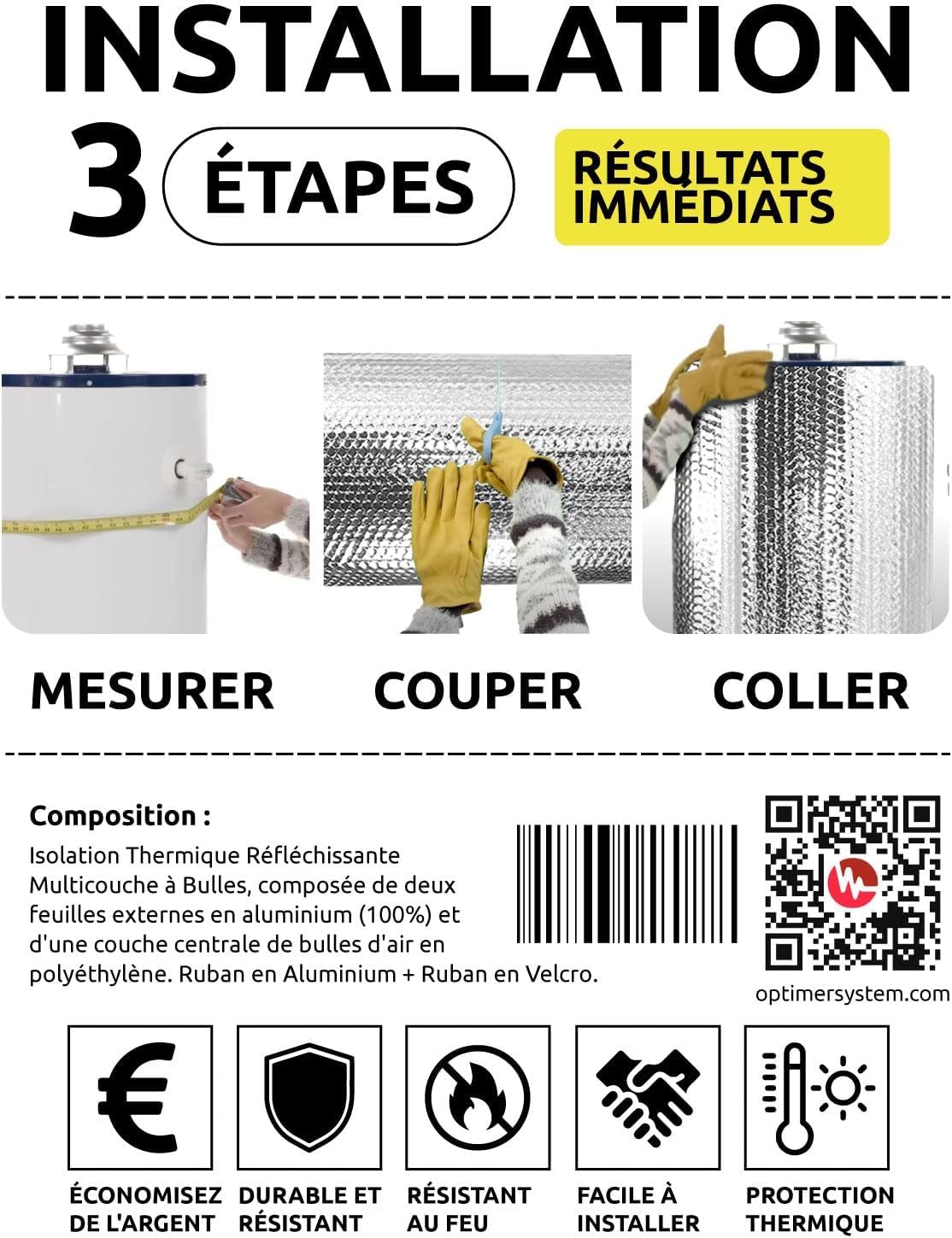 ISOLANT BALLON EAU CHAUDE-Réduit les pertes de chaleur et la consommation d'énergie [1,20 x 1,80 m] Inclut ruban adhésif double face et velcro | 3 couches | 4 mm d'épaisseur