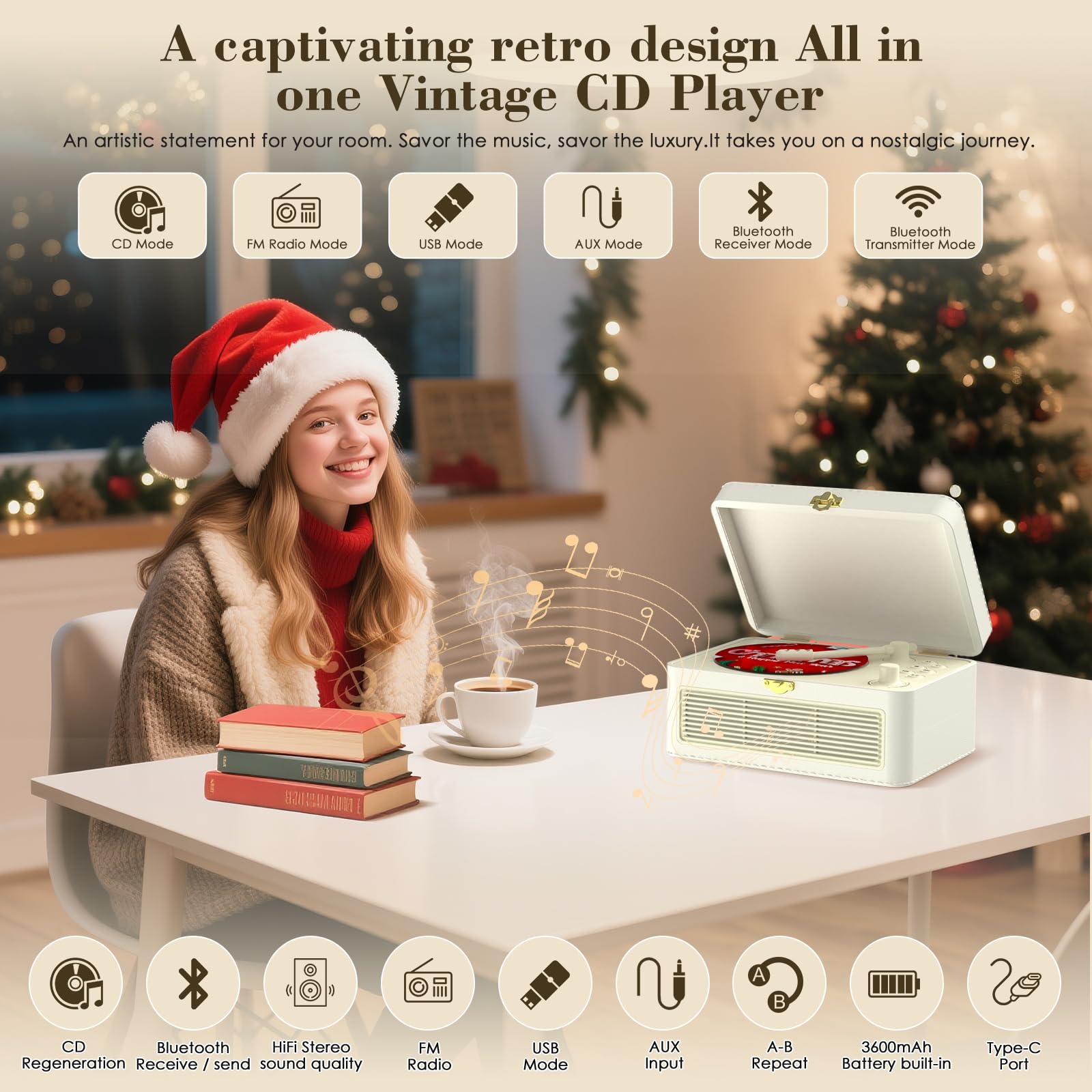 Lecteur CD Portable Bluetooth: Kegaudio Lecteurs CD Enfant avec Haut-Parleur, Radio, Télécommande Compatible USB/AUX Prise Casque (Blanc)