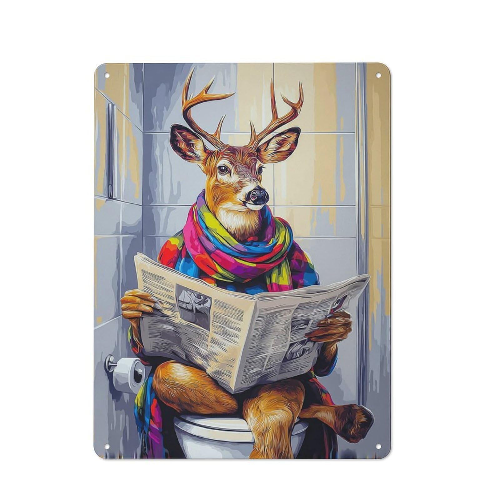 Deer Reading Newspaper on Toilet-3 Retro-style Tin Sign 40x30cm for Guest Room Or Hallway, for An Autumn Update to Guest Room And Hallway