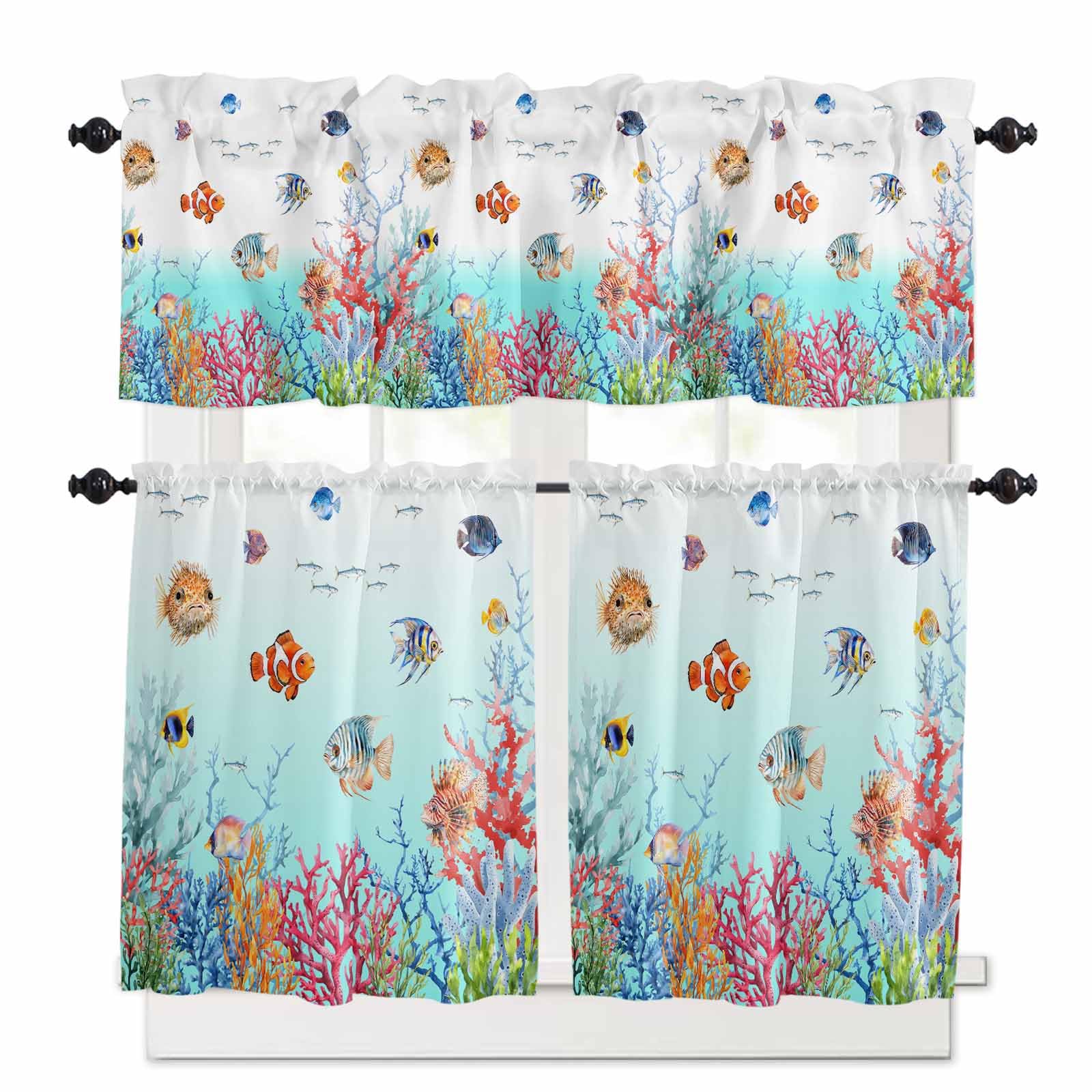Turquoise Ocean Life Kitchen Curtains 24 Inch Length, 3 Piece Rod Pocket Small Half Tiers and Valance Set, Summer Coastal Coral Fishes Small Large Window Treatment Decor for Bedroom/Bathroom Sink