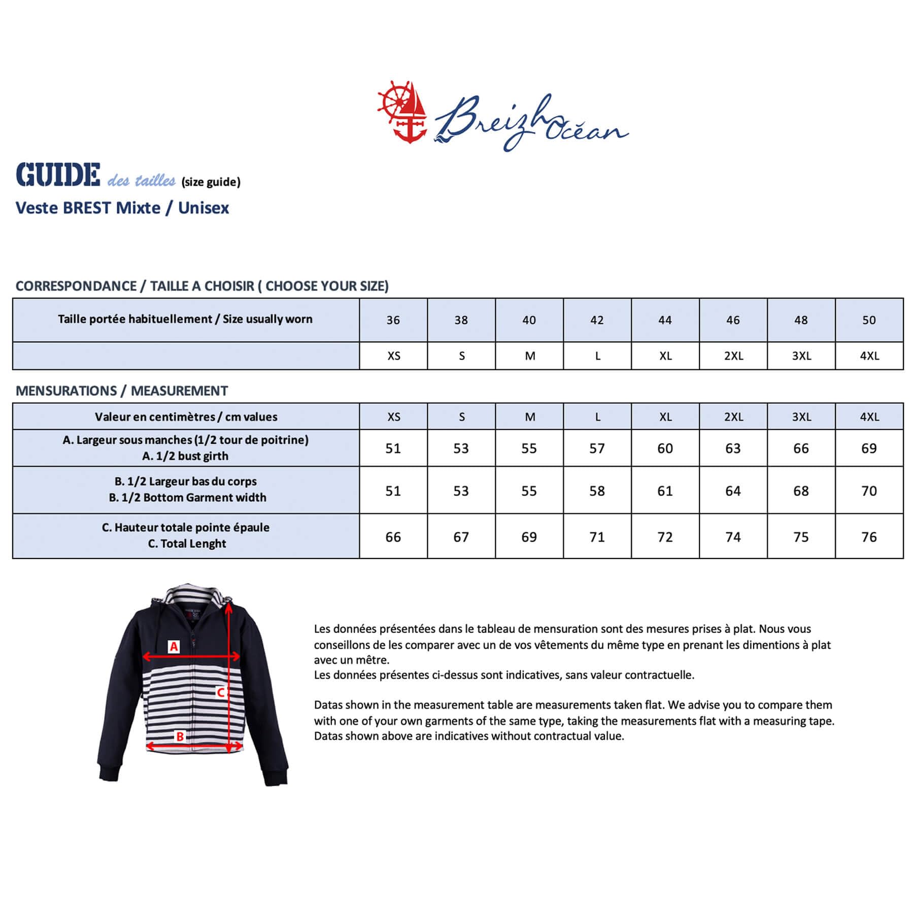 Breizh Ocean - Veste Molleton avec capuche BREST, Mixte homme ou femme, coupe droite – XS au 4XL
