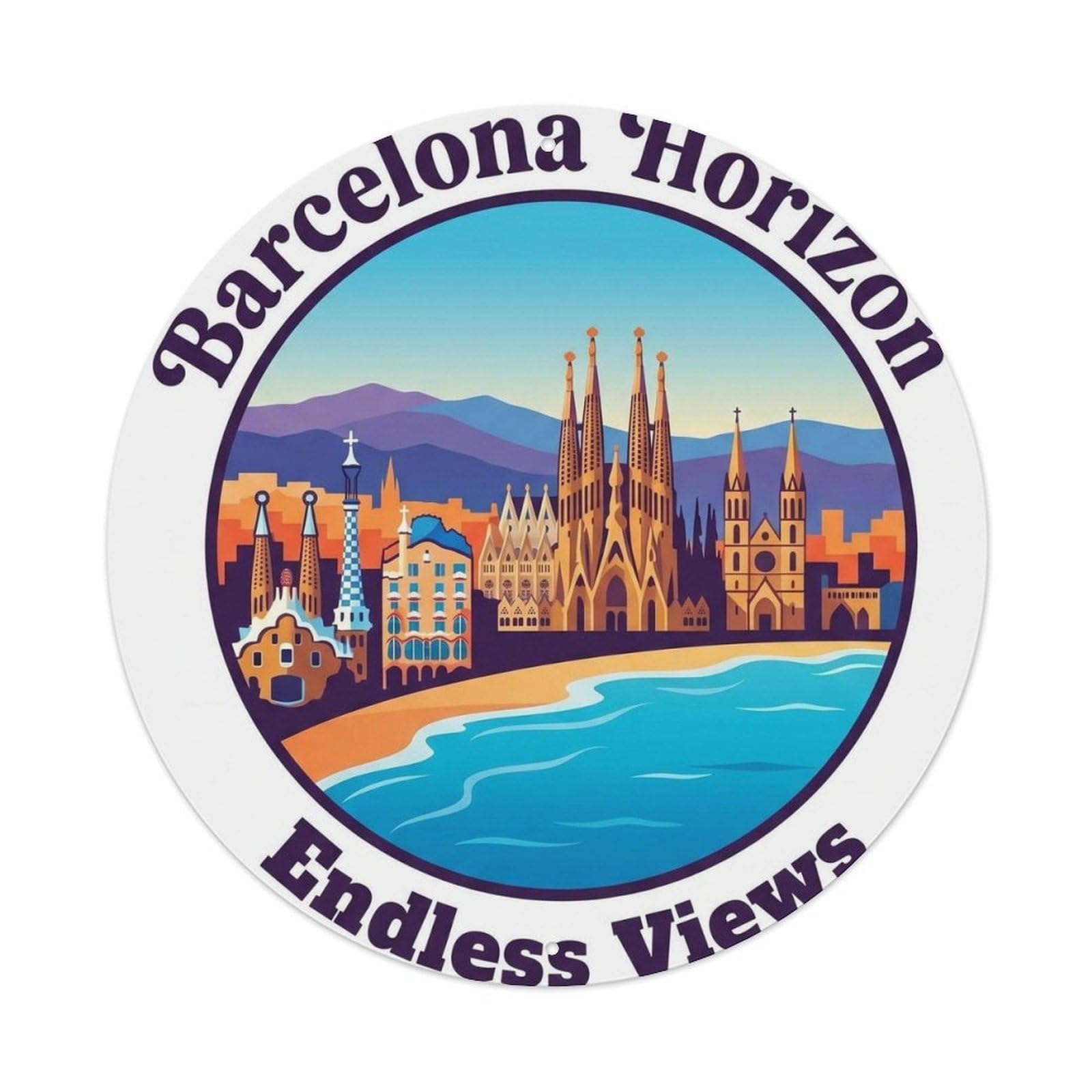 Vintage Barcelona Horizon Cityscape Spanish Culture Heritage Metal Tin Sign Plaque Wall Decor for Cafe, Man Cave, Club Bar, Office, Home Garden Round Metal Poster 8x8Inch