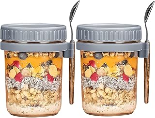 Overnight Oats Jars, Overnight Oats Container with Lid and Spoon, 10 oz Glass Mason Overnight Oats Jars with Measurement Marks, Large Capacity Airtight Jars for Milk, Cereal, Fruit (Grey2)