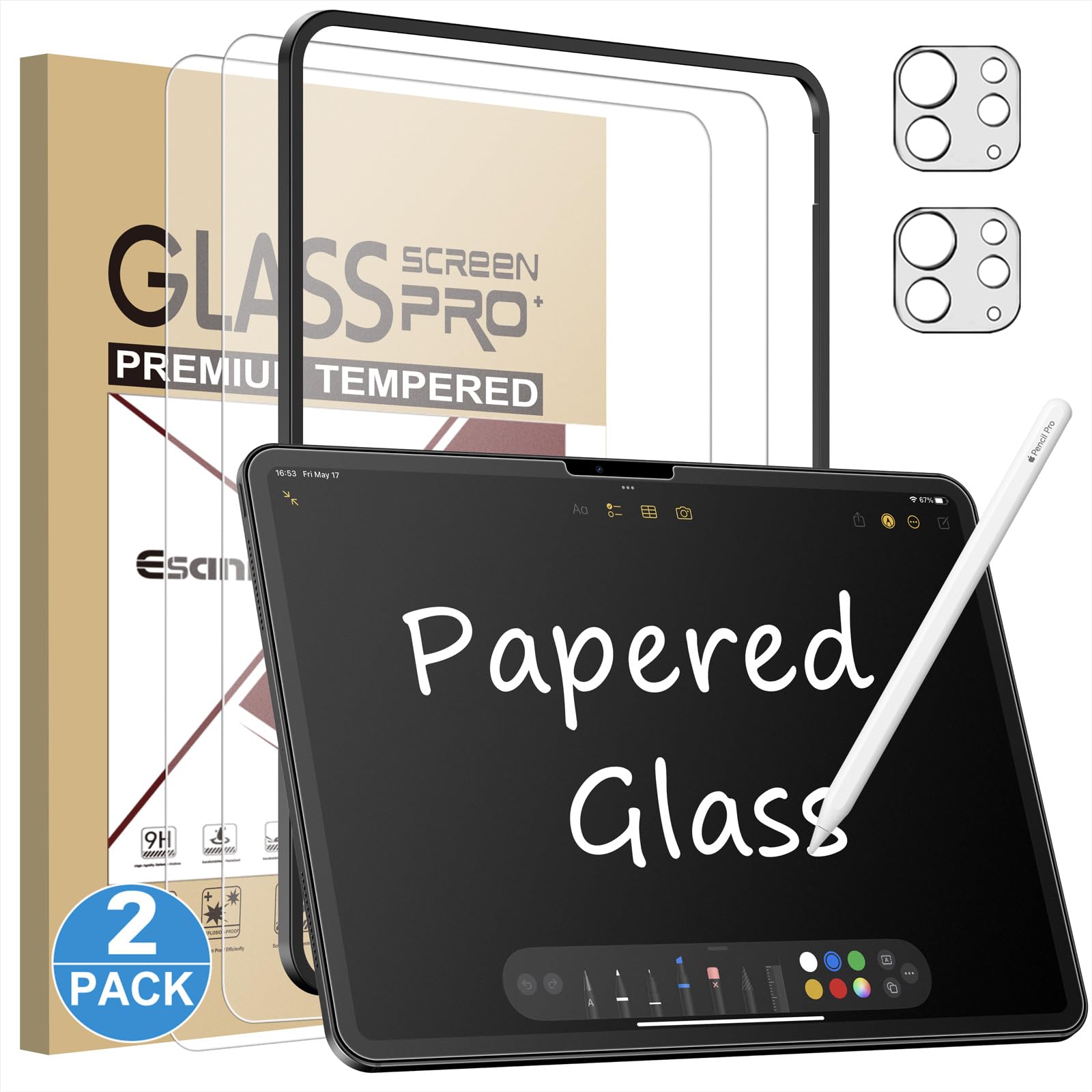 EsanikFeel like Paper for iPad Pro 13 Inch 2024 Tempered Glass, 9H Matte Screen Protector for iPad Pro 13 M4 with Camera Lens Protector, Anti-Fingerprint (2+2 PCS)