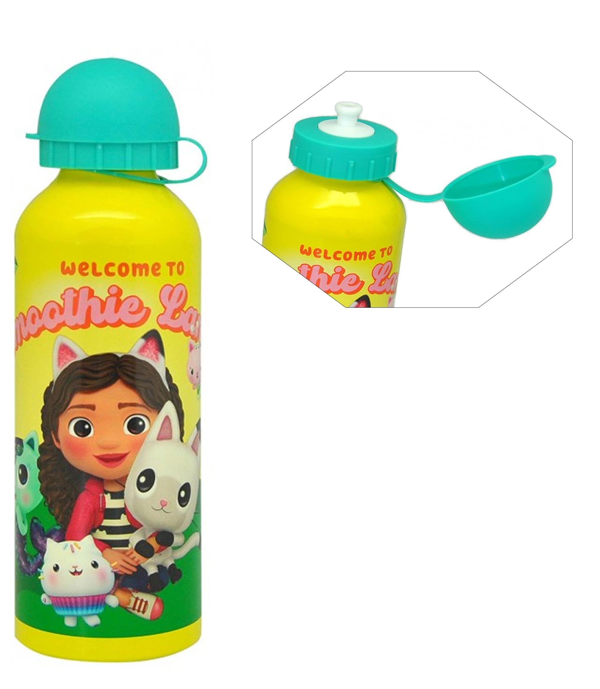 HOVUK Gabbys Dollhouse Girls Water Bottle- 21cm| Reusable Kids School Juice Bottle- 500ml| Aluminum Childrens Canteen Yellow Water Bottle 3+Years