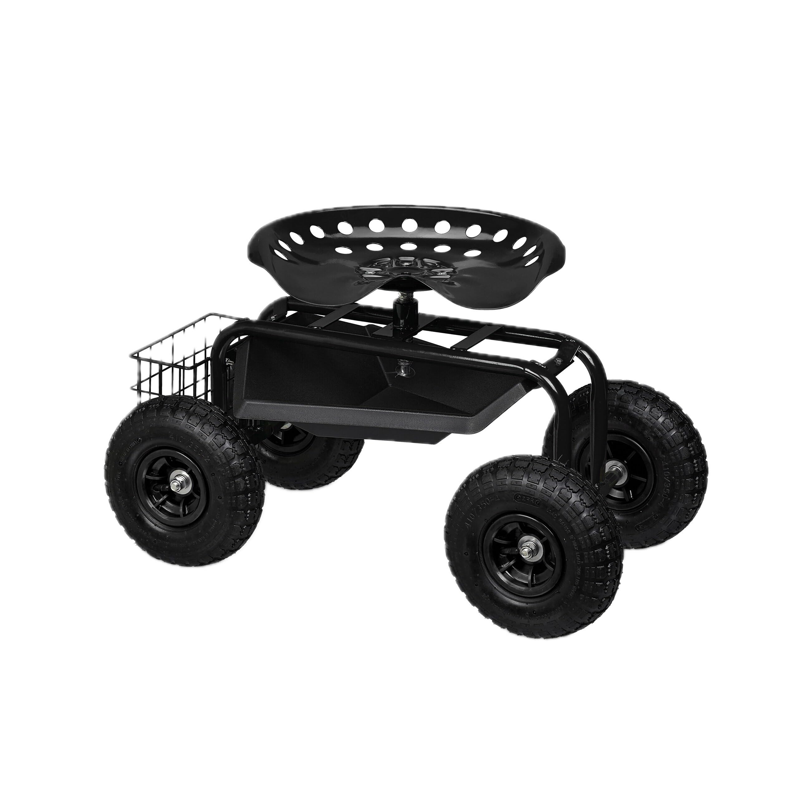 Relaxdays Asiento de Jardín con Ruedas Neumáticas, Taburete Jardinería, Altura Regulable, 150 kg, Acero, Negro