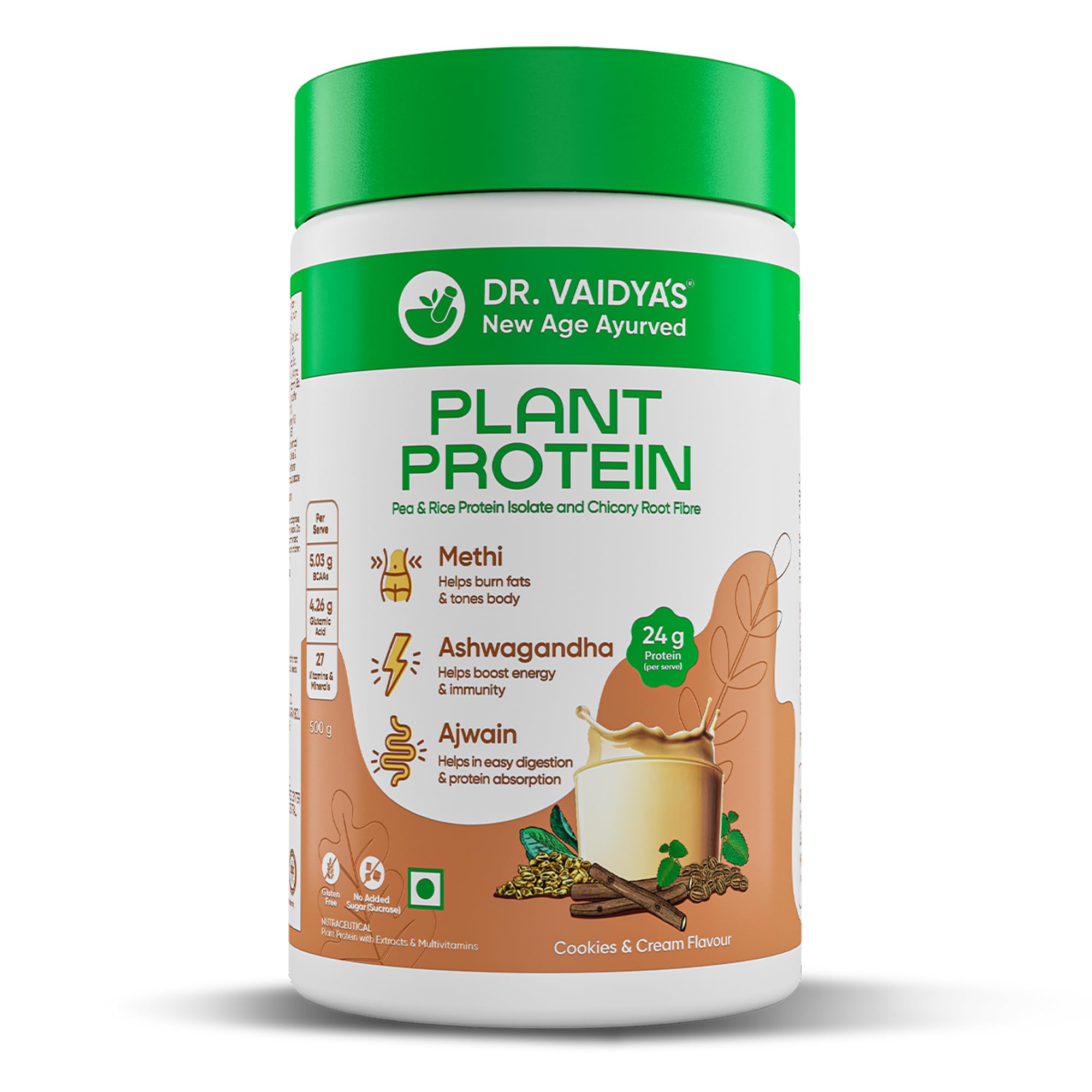 Dr. Vaidya's Plant Protein for Cookies & Cream Flavour, 500G (Pack of 1)
