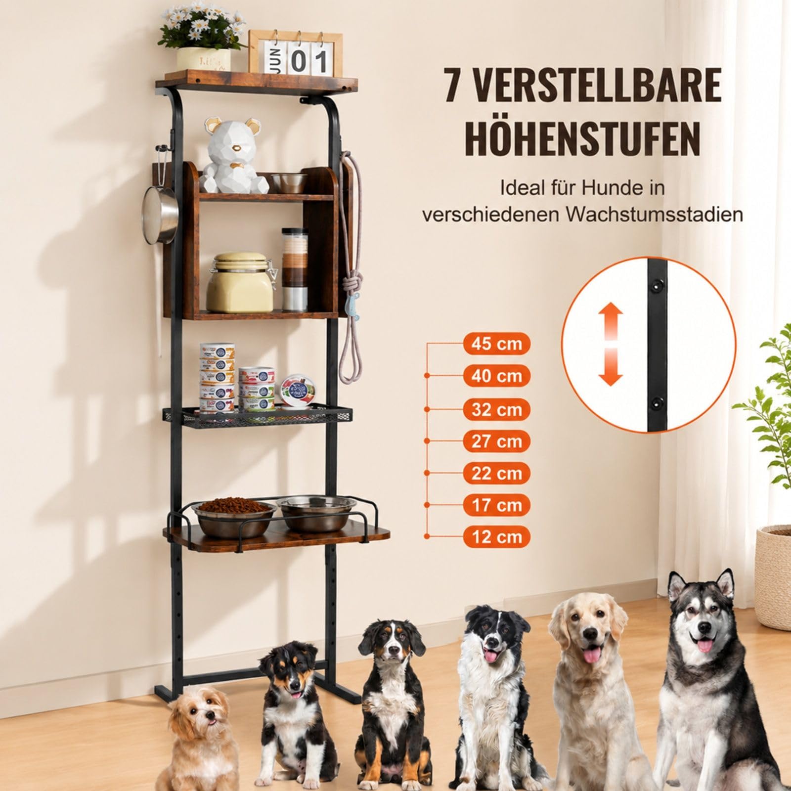 Verstellbare erhöhte Futterstation für Hunde mit Napfhalter und Ablagefach, Haustier-Fressplatz für Zuhause