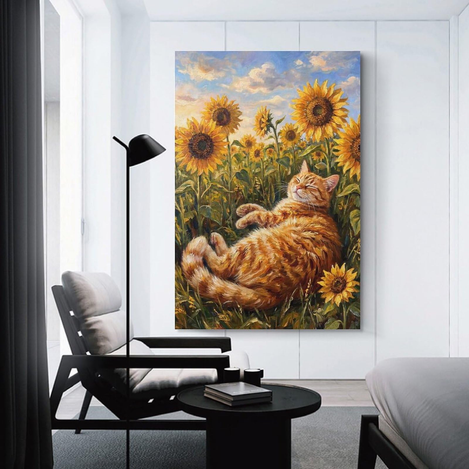 Junmoney Ginger Cat Sleeping in Sunflower Field Room Decor Wall Art, 20x30inch(50x75cm), for Front Hall, Corridor Or Welcome Spaces, A Neat Decor Update for Hallways