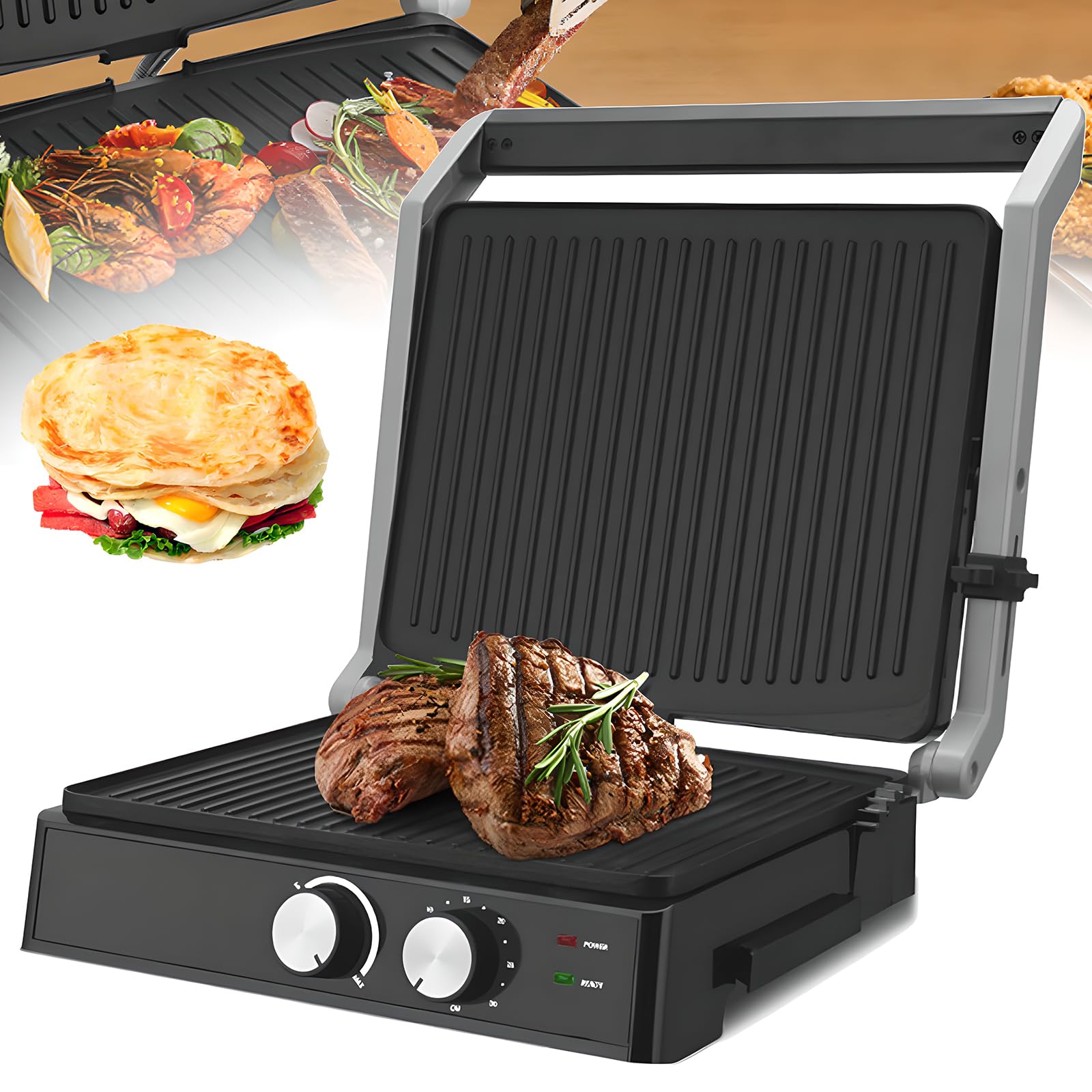 Opiekacz do kanapek, bezdymna patelnia do domowego grillowania, z 38-częściowym zestawem narzędzi do grillowania ze stali nierdzewnej, otwieranie 105° i 180°, powłoka nieprzywierająca